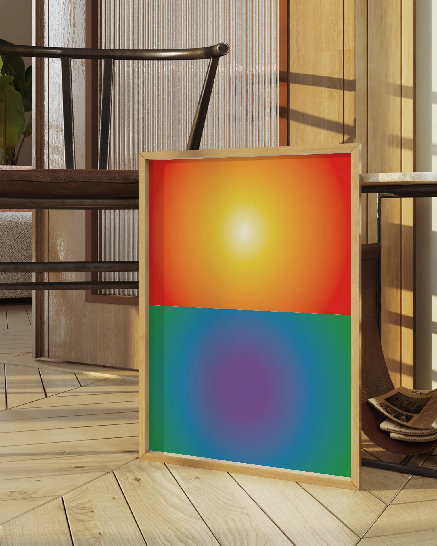 A framed poster with an abstract prideflag in two separate blocks, retro style.