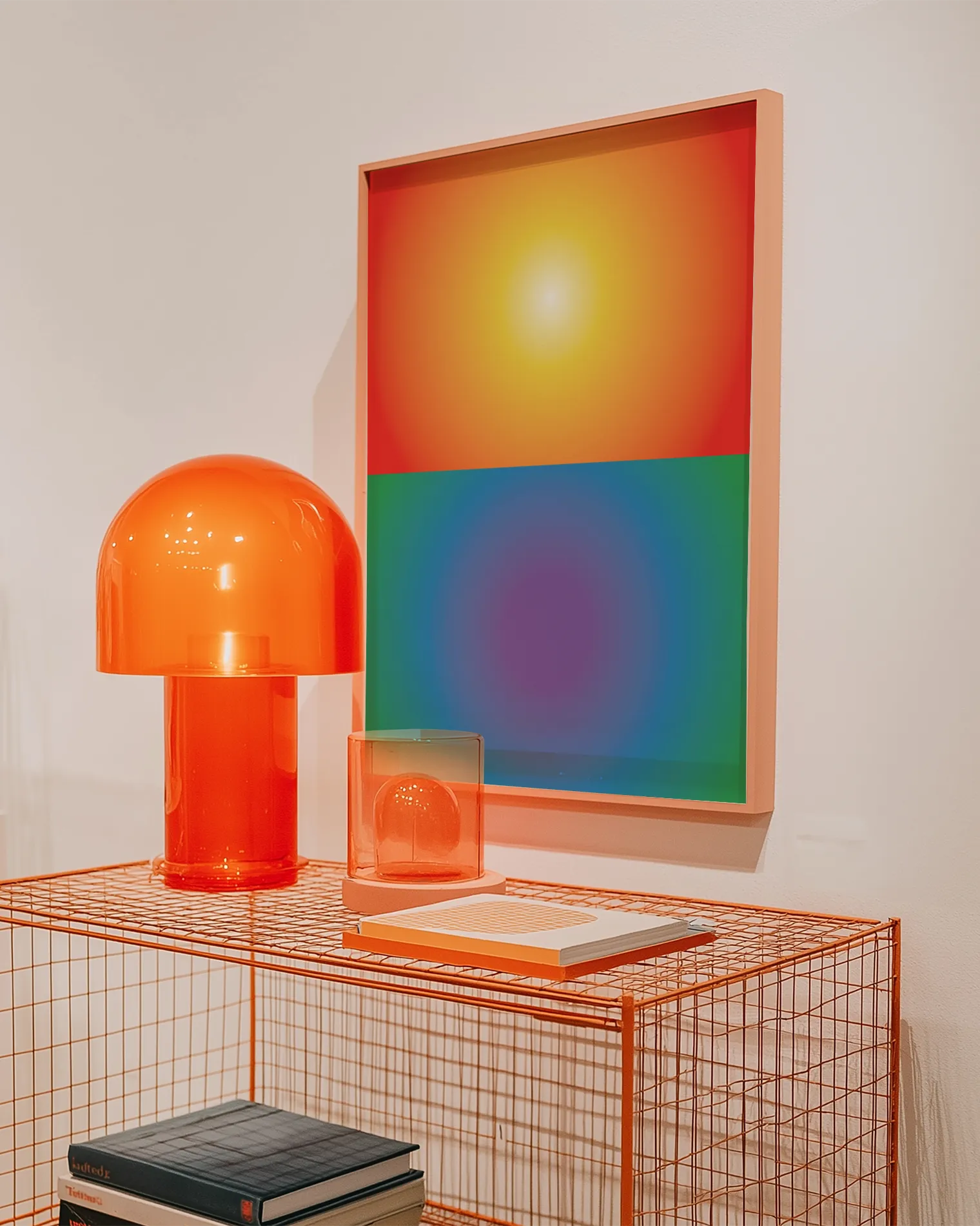 A framed poster with an abstract prideflag in two separate blocks, retro style.