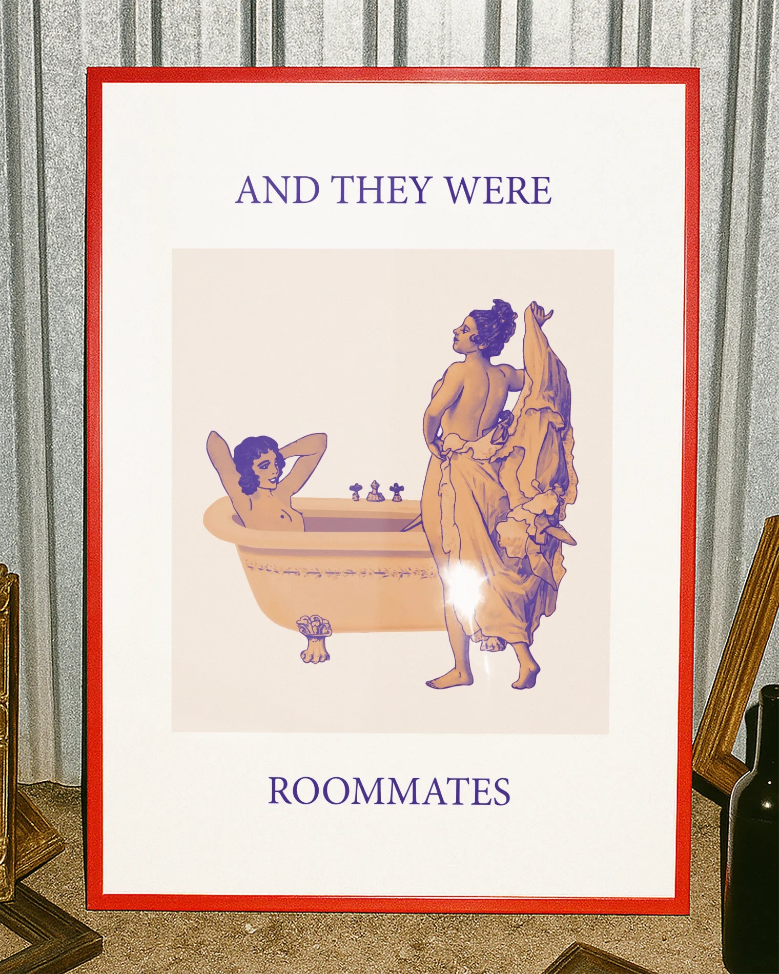 An illustrated poster featuring a woman lying in a bathtub, while another woman undresses to join her, with the text 'AND THEY WERE ROOMMATES'.