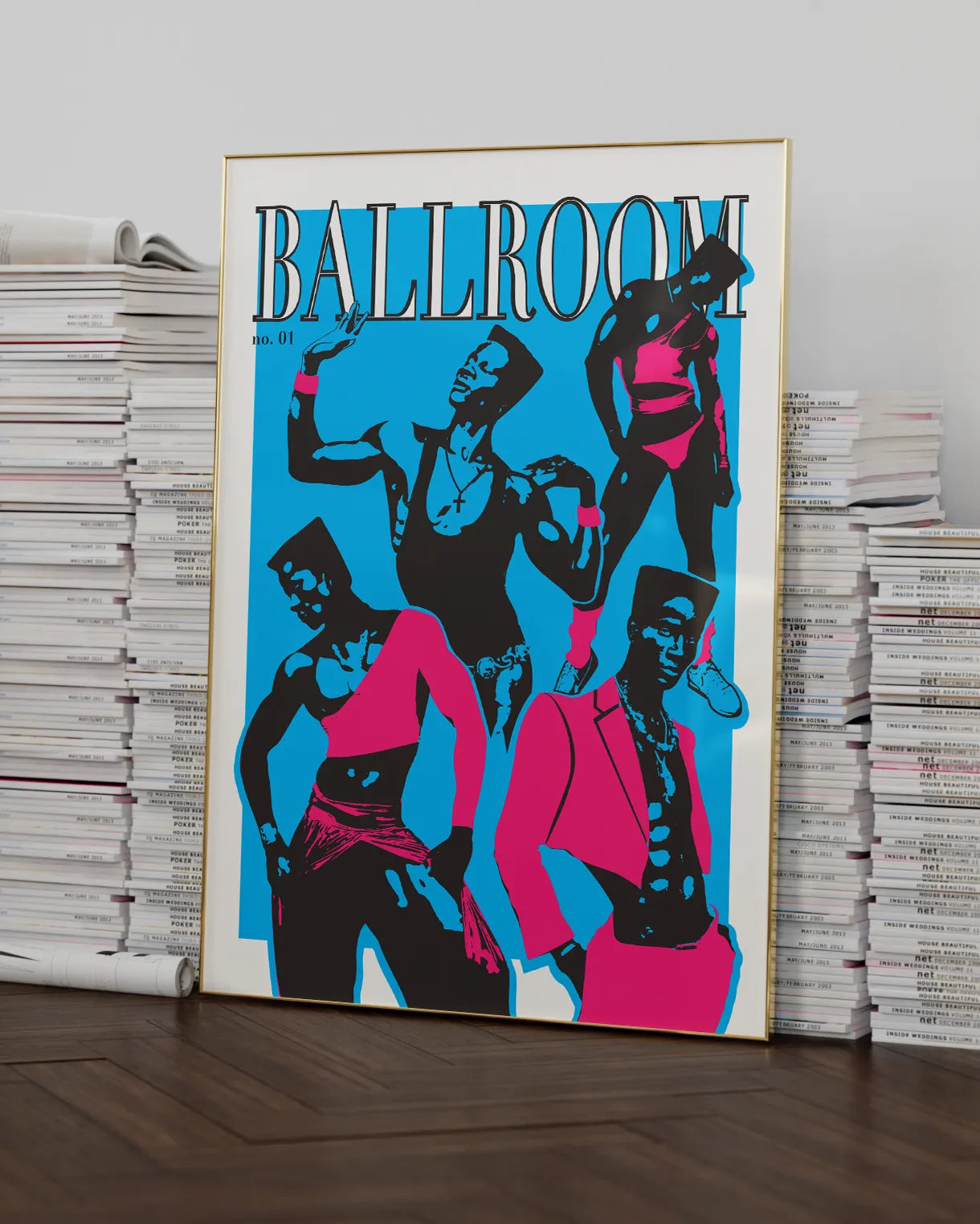 A print with four graphic illustrated queer men in pink clothes, with the text 'Ballroom no.01', against a blue background.