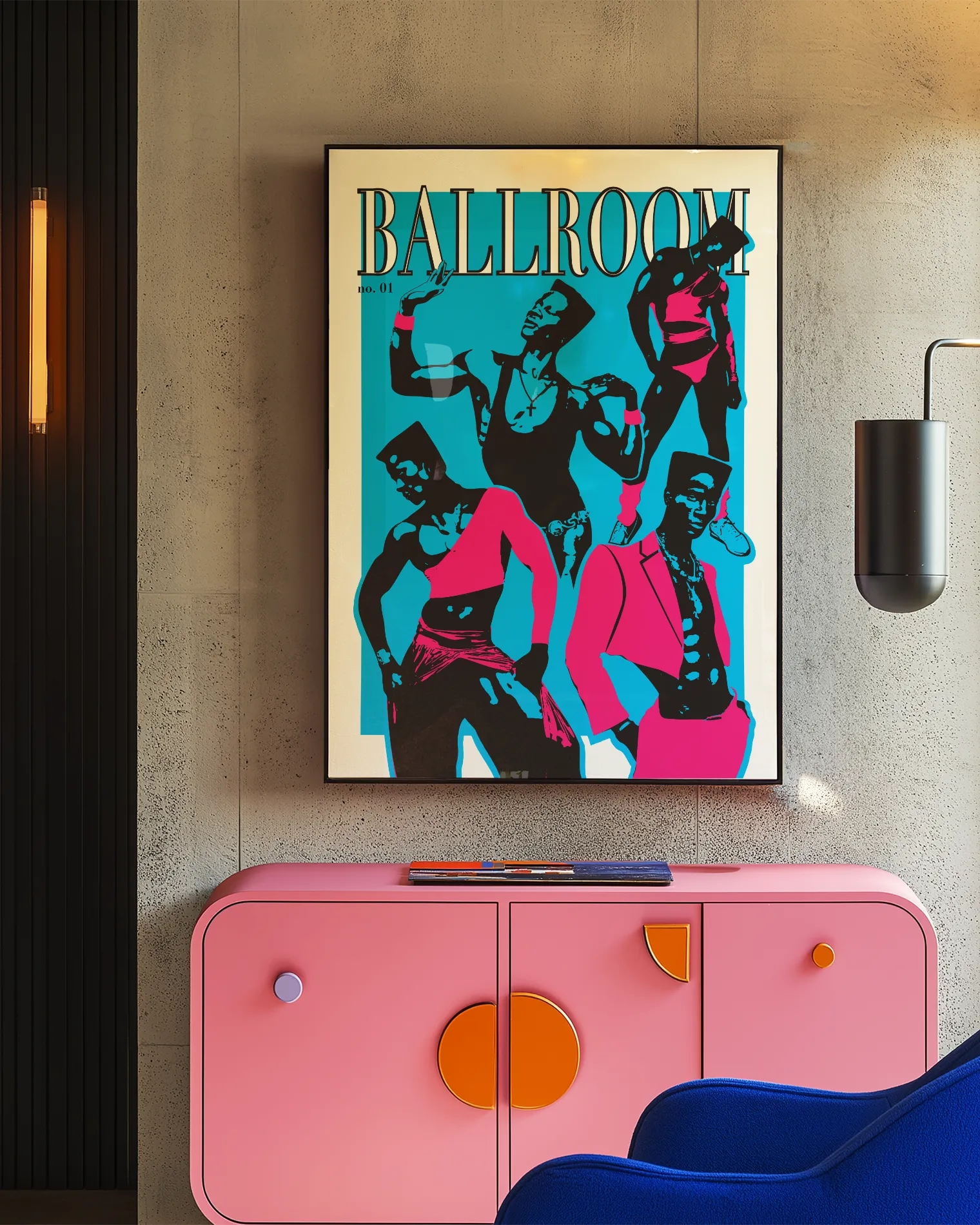 A print with four graphic illustrated queer men in pink clothes, with the text 'Ballroom no.01', against a blue background.