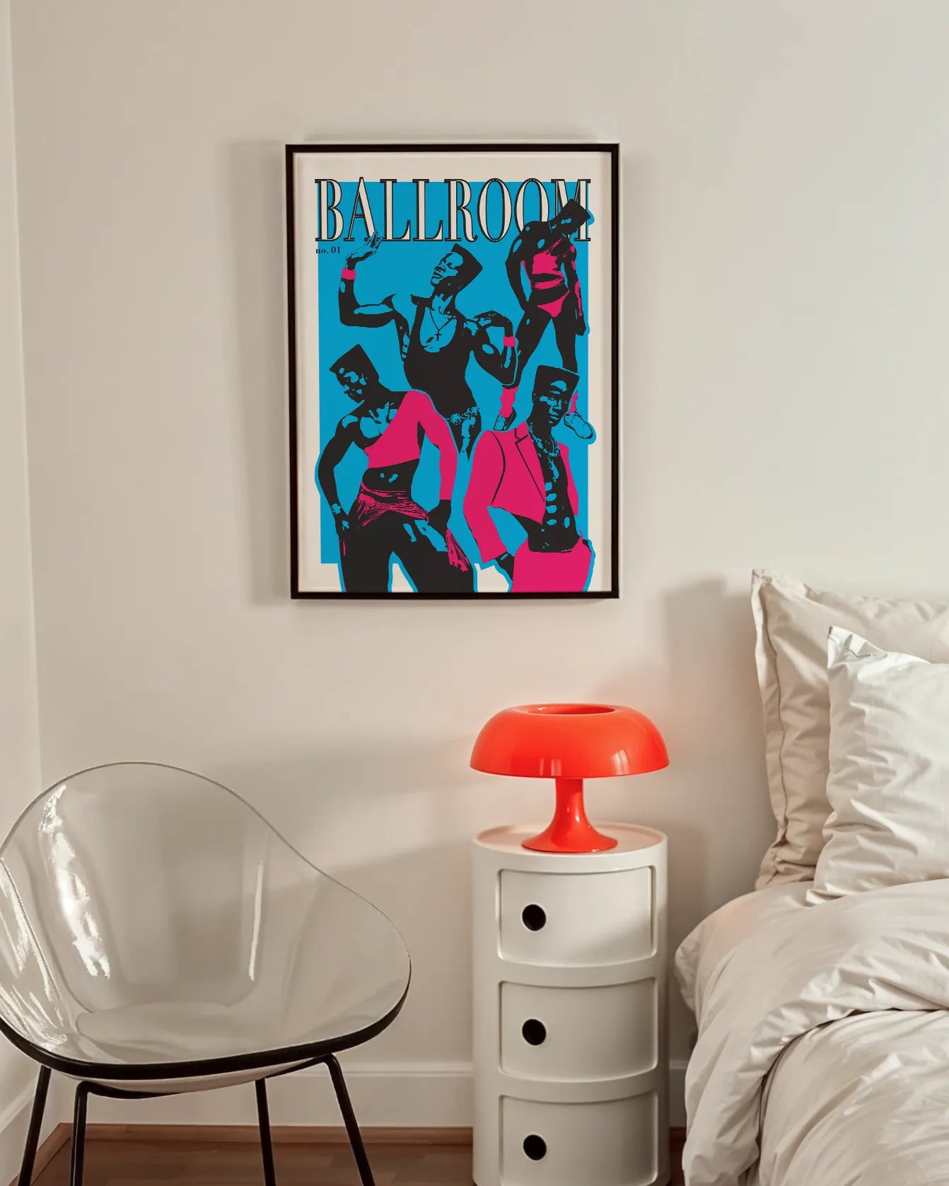 A print with four graphic illustrated queer men in pink clothes, with the text 'Ballroom no.01', against a blue background.