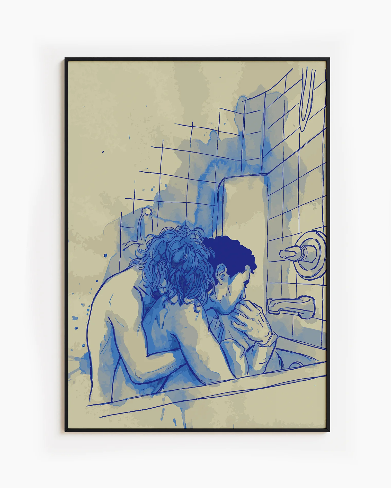 A poster with two men in a bathtub cuddling.