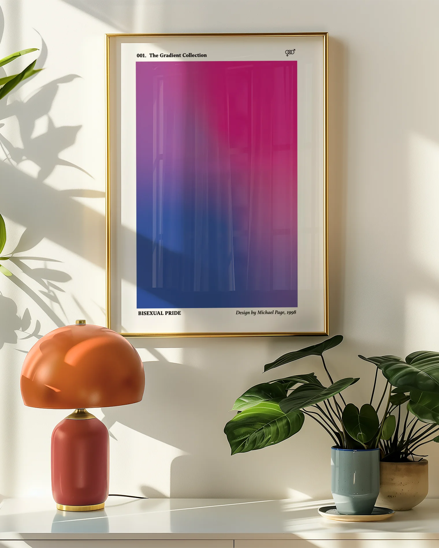 A print with a gradient bisexual flag, abstract and minimalistic design.
