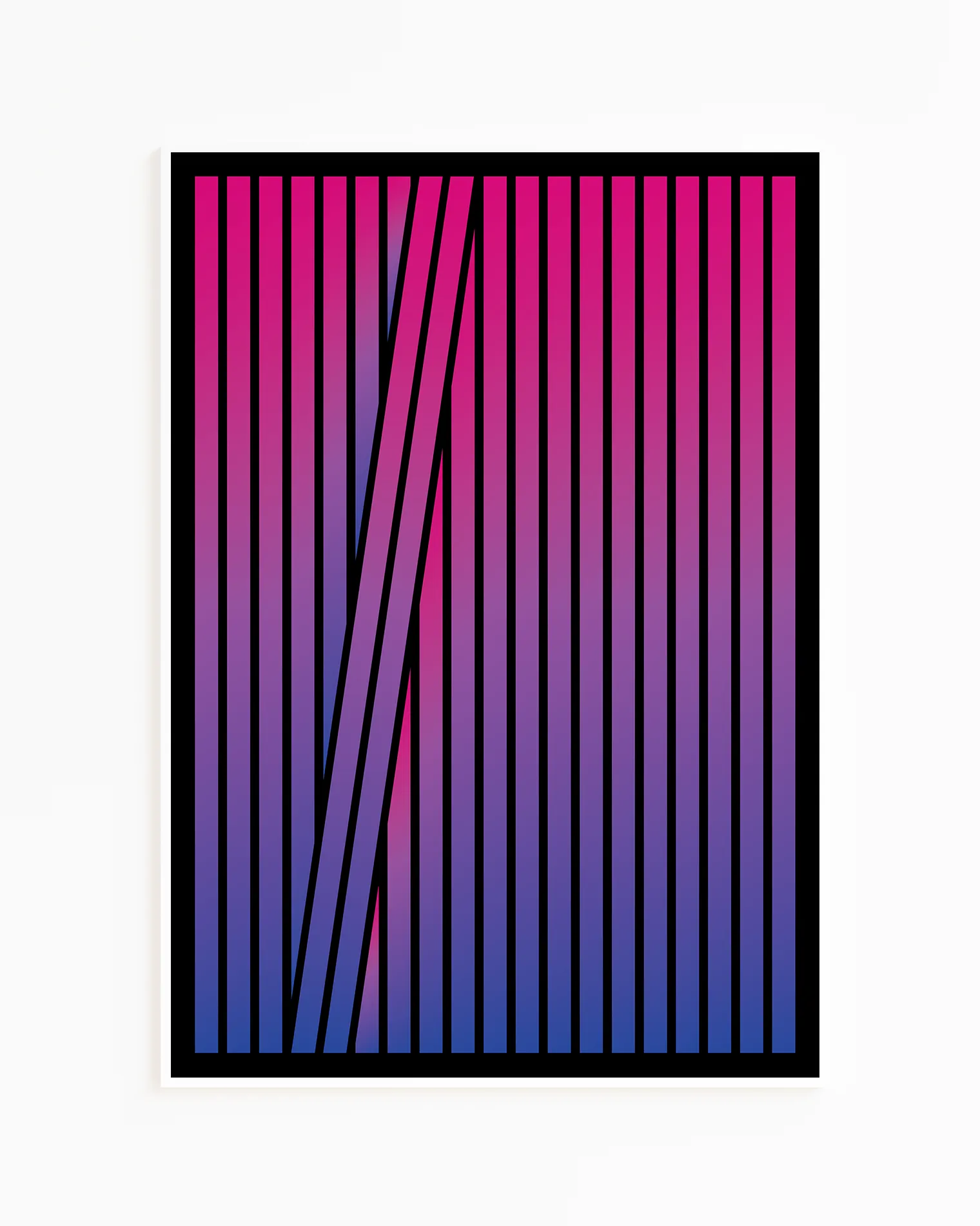 A framed poster with an abstract bisexual flag formed in stripes.