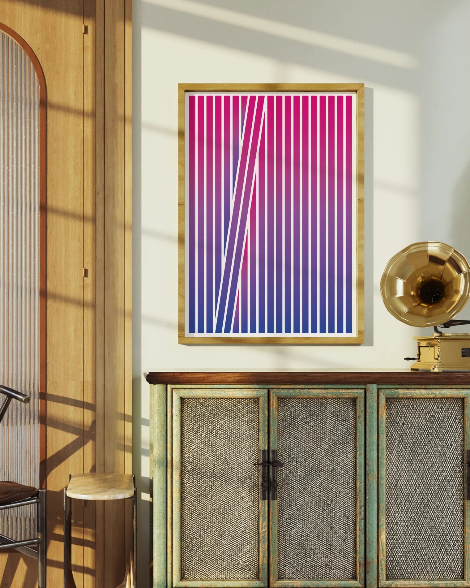 A framed poster with an abstract bisexual flag formed in stripes.
