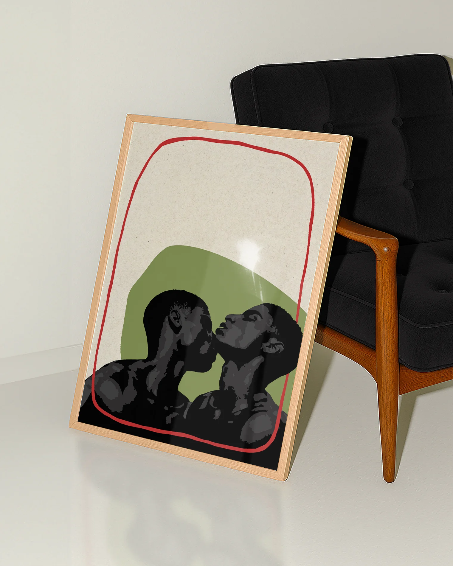 A poster with two black gay men kissing, abstract art poster.