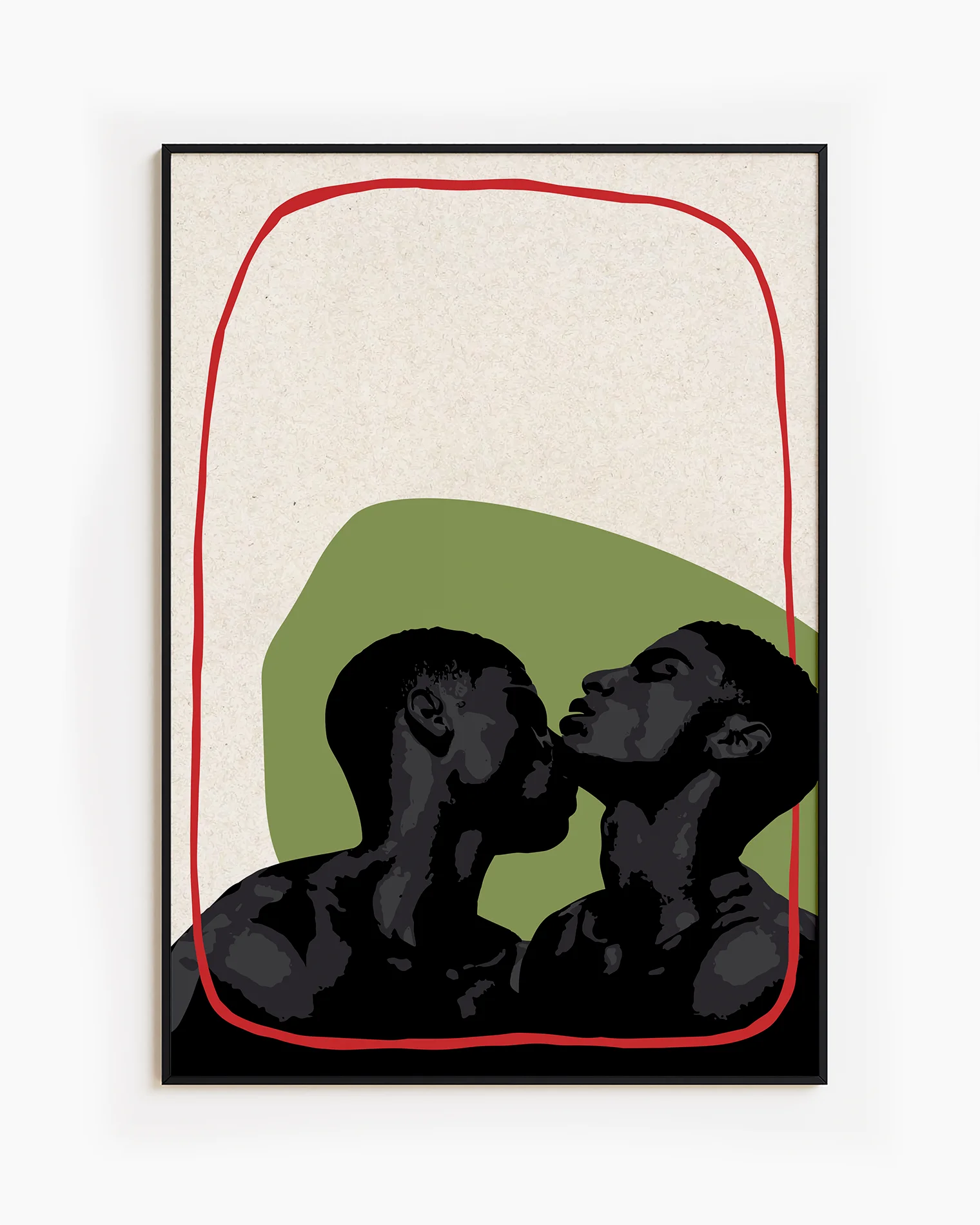 A poster with two black gay men kissing, abstract art poster.