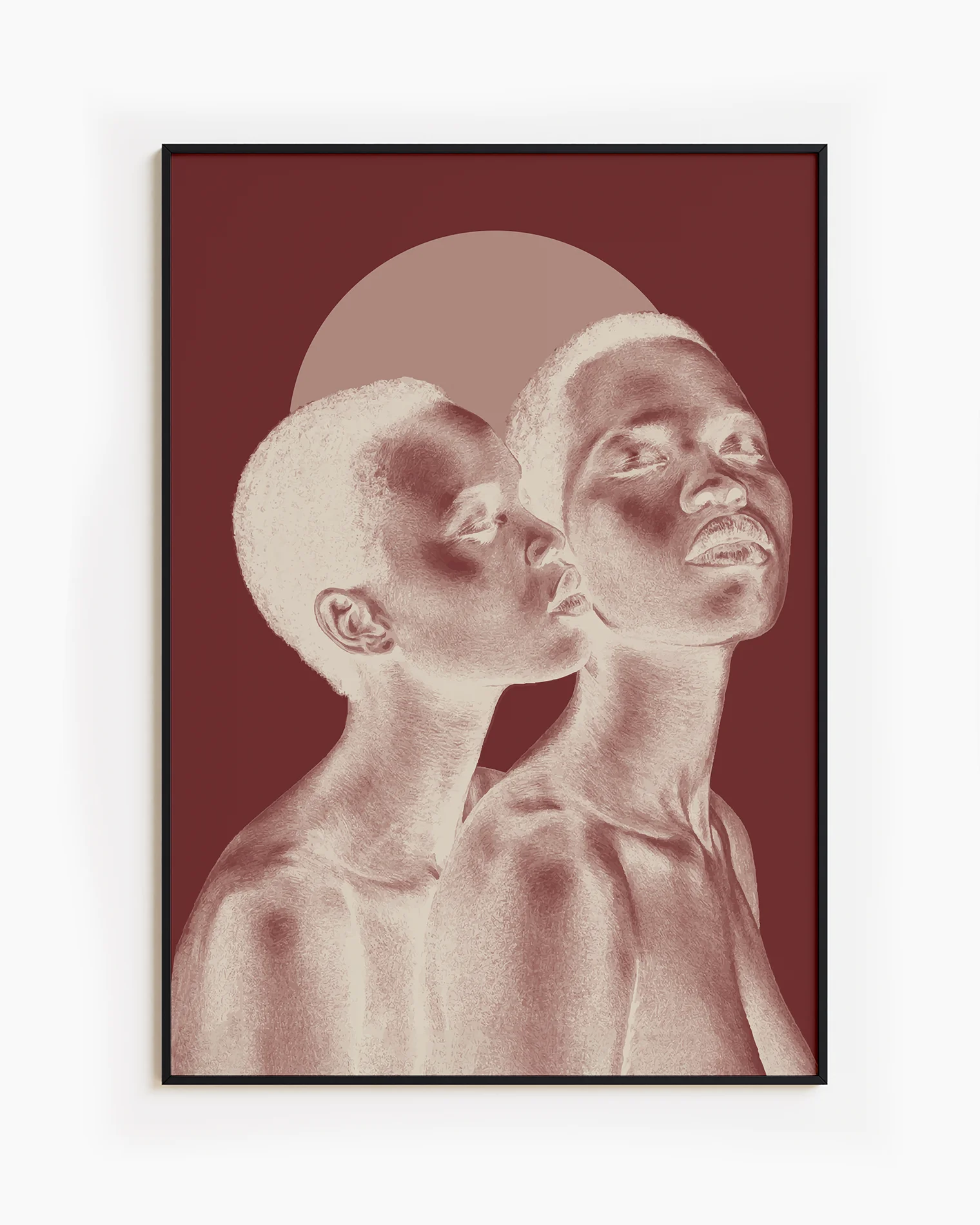 The poster depicts two naked, black women in a romantic pose in a negative color scale.