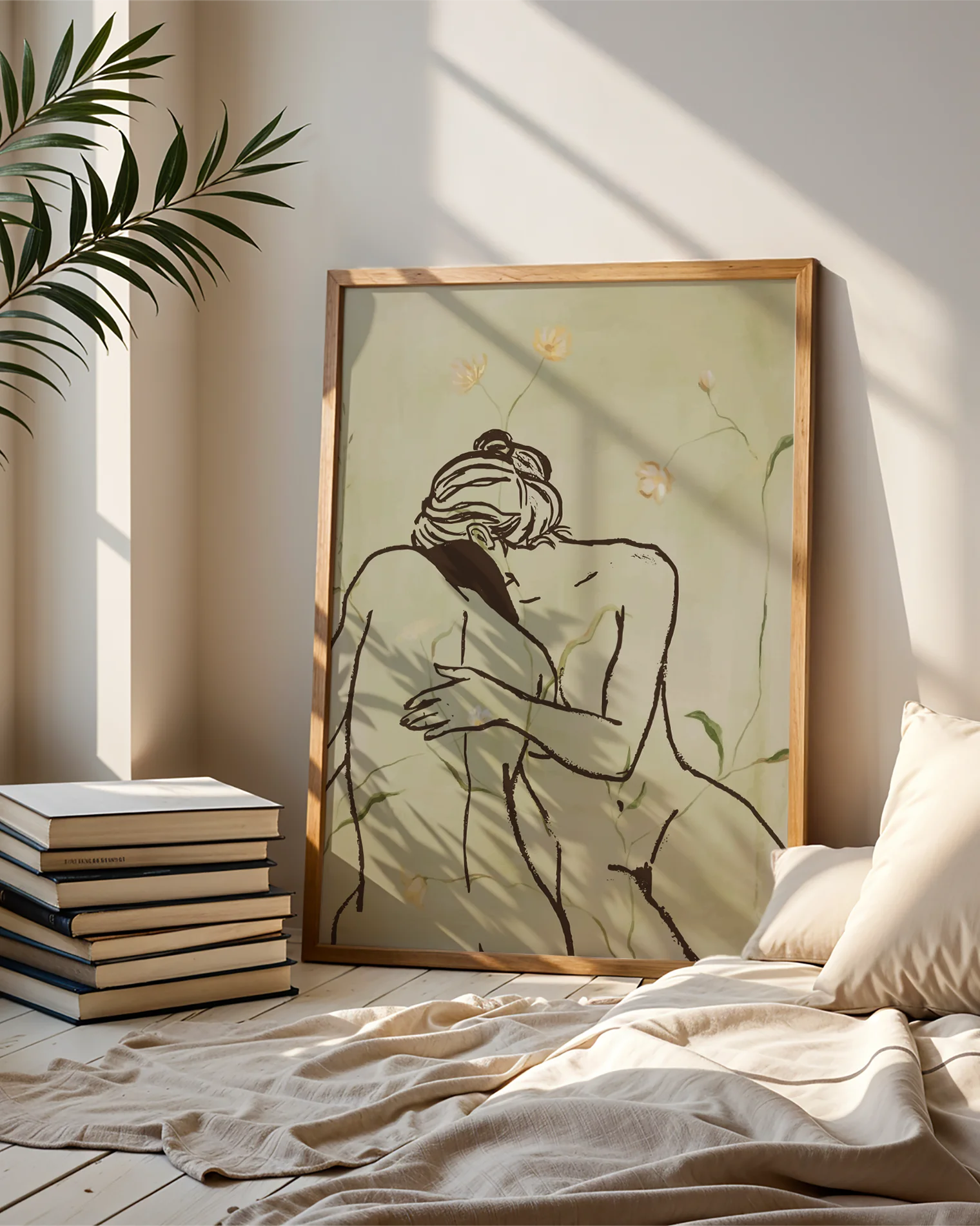 A framed print with two, naked women holding each other in a green field.