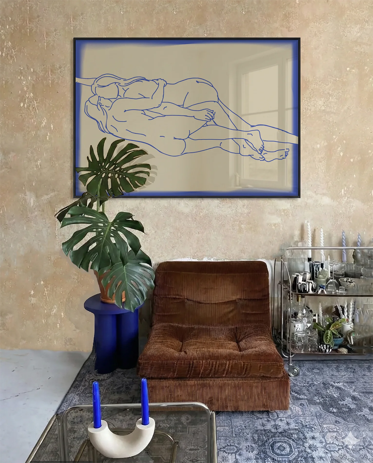 The poster shows two naked women in line art, lying down horizontally, holding each other.