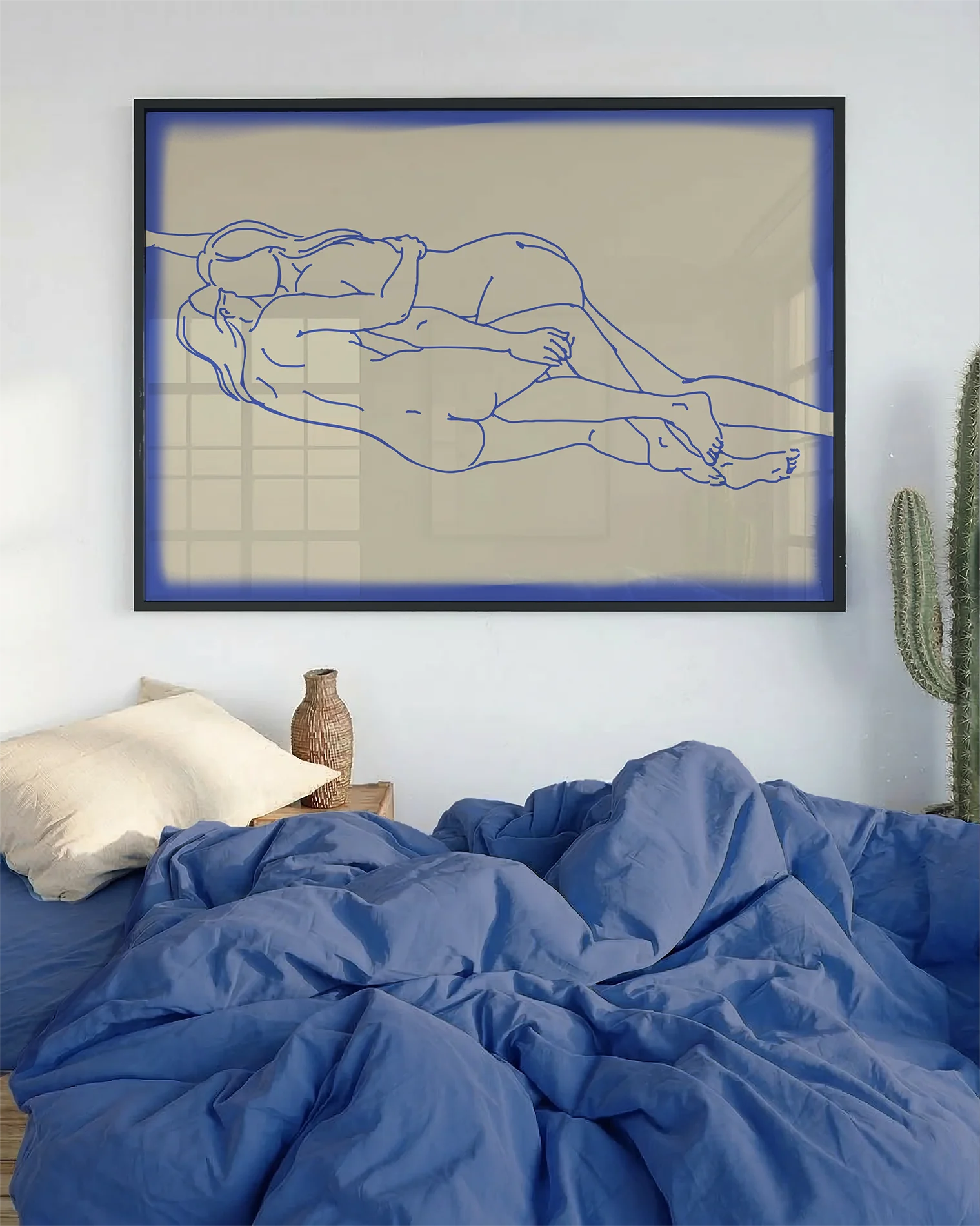 The poster shows two naked women in line art, lying down horizontally, holding each other.