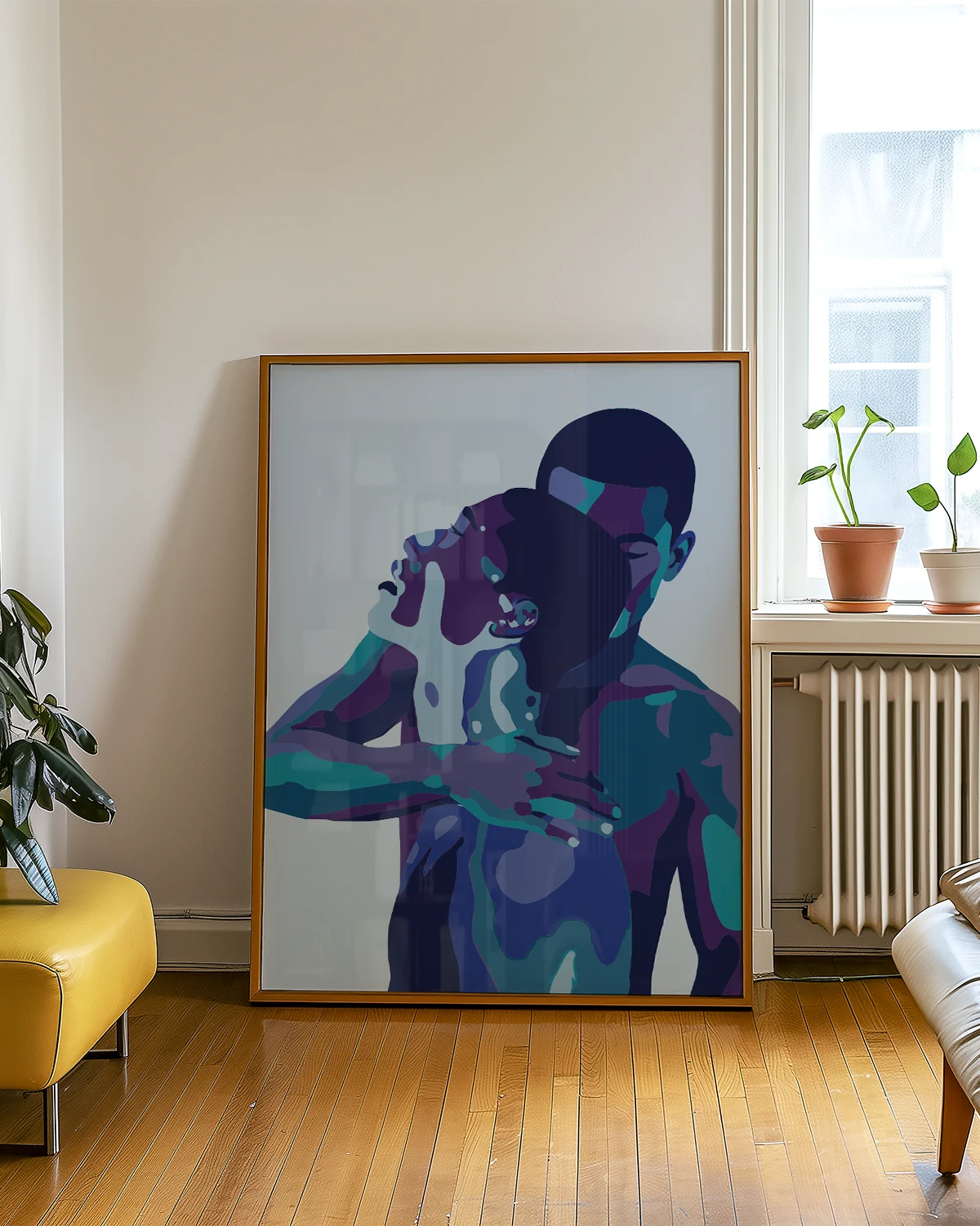 An abstract poster with two men holding each other.