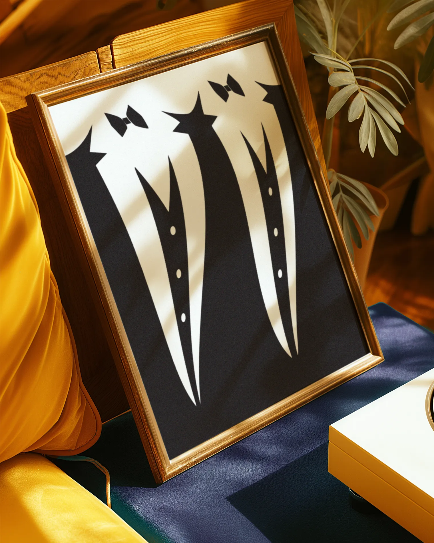 A poster with two illustrated, black suits in a wavy shape, next to each other.