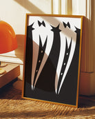 A poster with two illustrated, black suits in a wavy shape, next to each other.