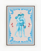 A poster that depicts two queer, muscular boxers in a romantic embrace, surrounded by red roses and a blue frame.