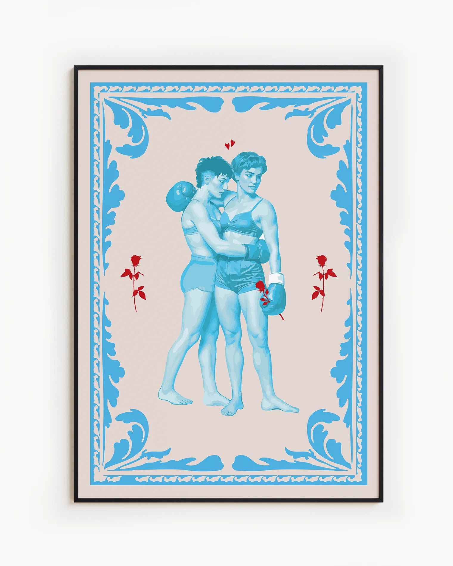 A poster that depicts two queer, muscular boxers in a romantic embrace, surrounded by red roses and a blue frame.