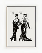 A poster featuring two androgynous characters: a woman dressed in a suit and a man in a dress, exchanging lines:
“Careful, I’m not a man.” “That’s ok, I’m not a woman.”