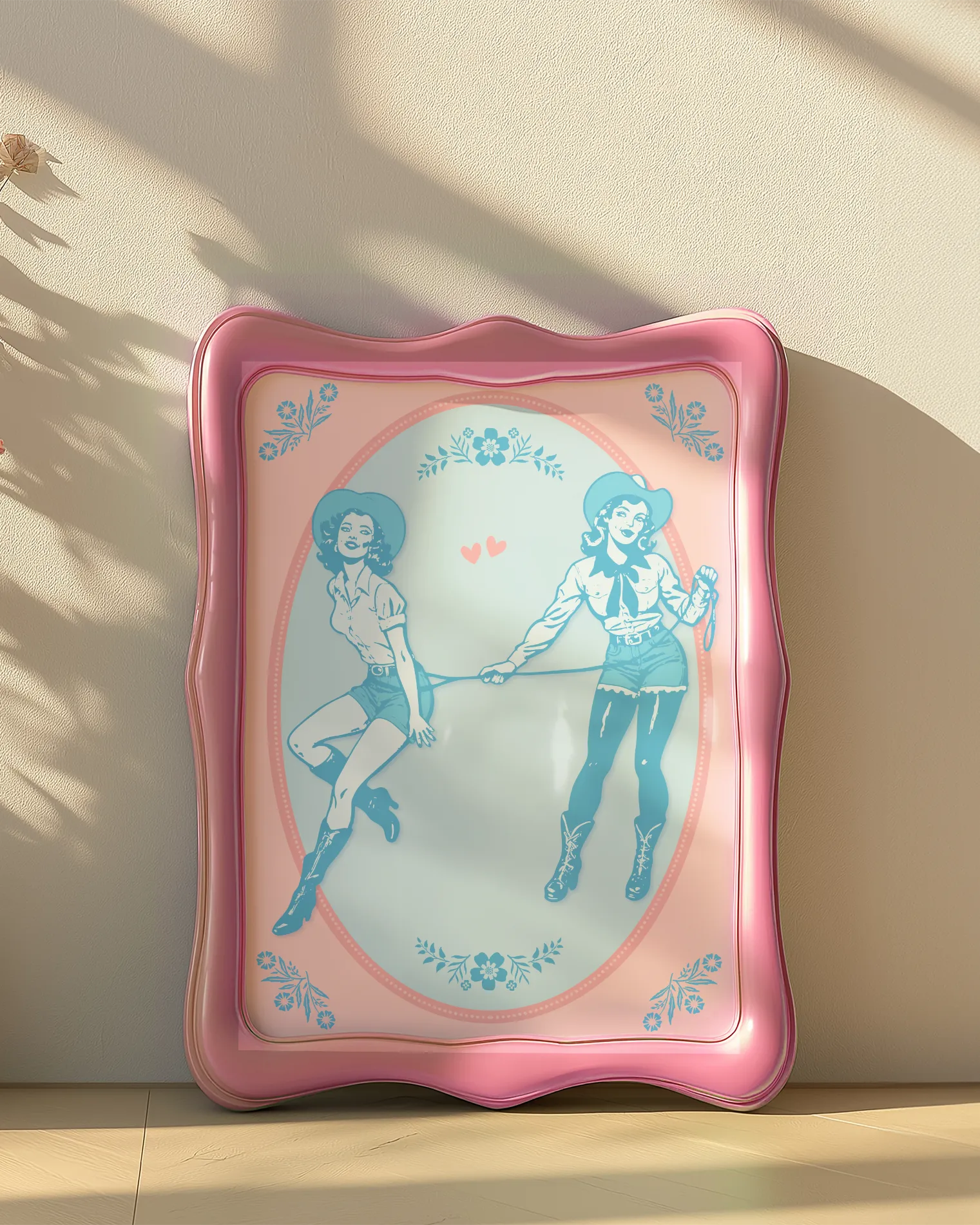 A poster with two illustrated cowgirls, catching each other with a lasso.