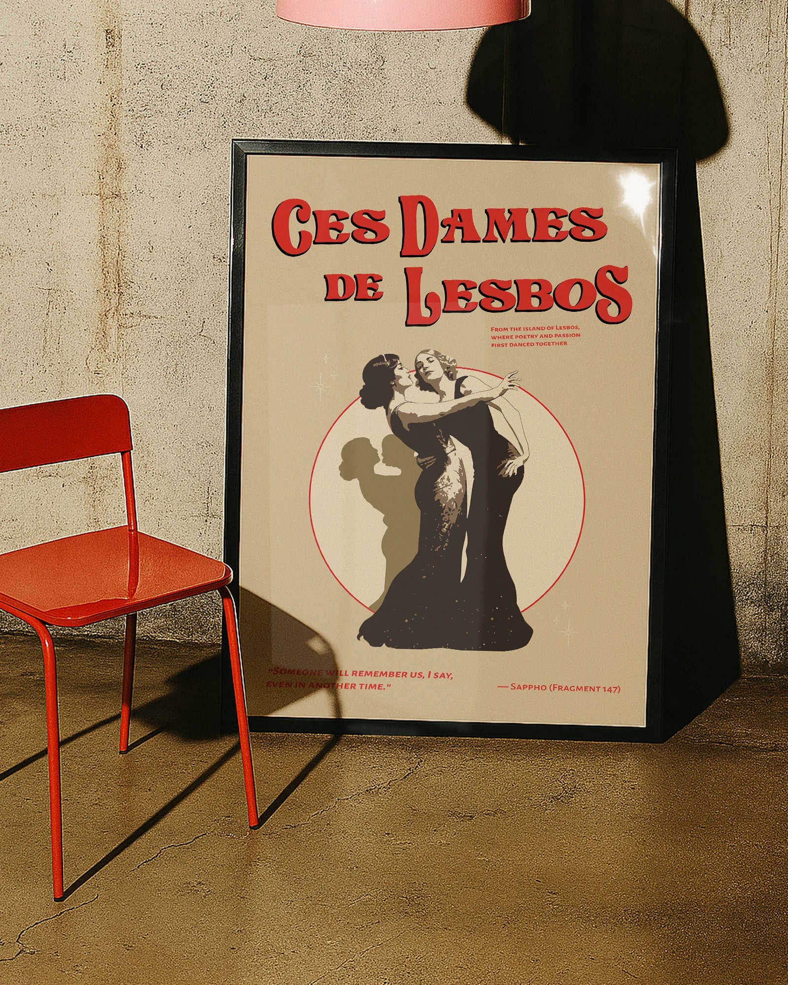 A print with two dancing ladies, with the text 'Ces Dames De Lesbos', inspired from the greek Sappho island.