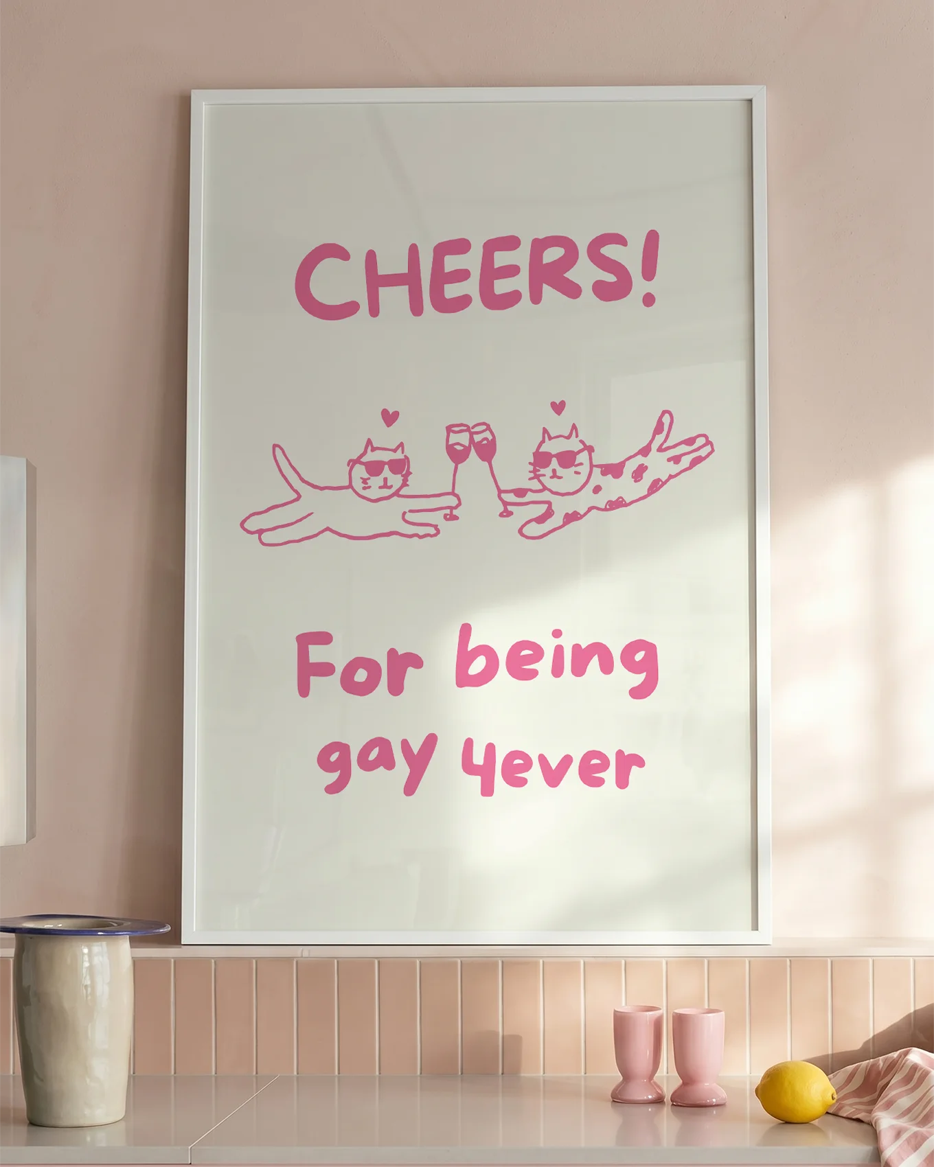A poster with two cats cheering, with the text 'CHEERS! For being gay 4ever'.