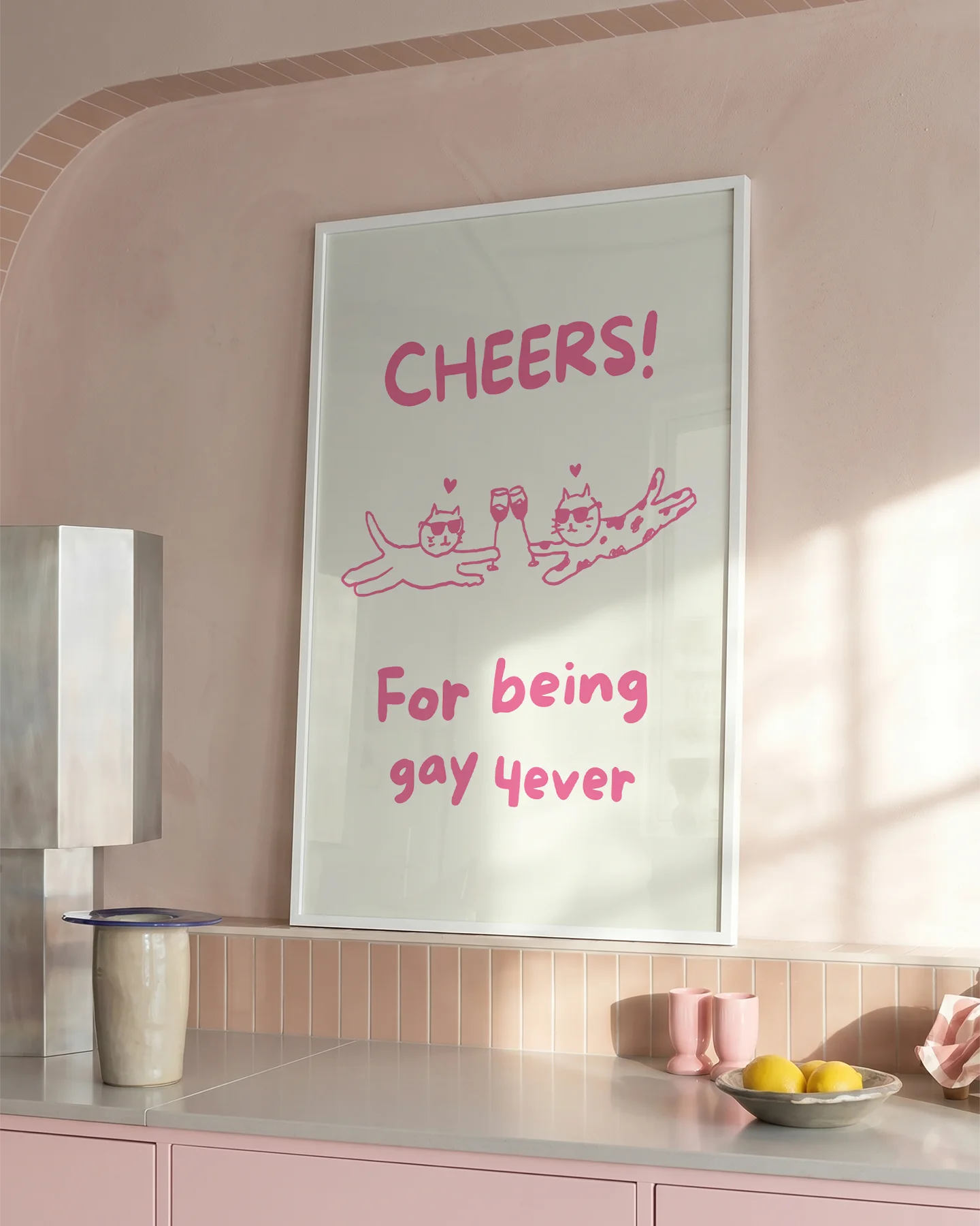 A poster with two cats cheering, with the text 'CHEERS! For being gay 4ever'.