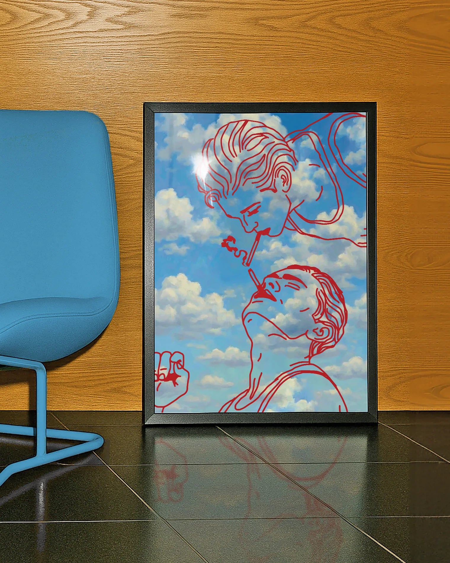 A framed poster with two men smoking cigarettes in a red line-art style, against a blue sky.
