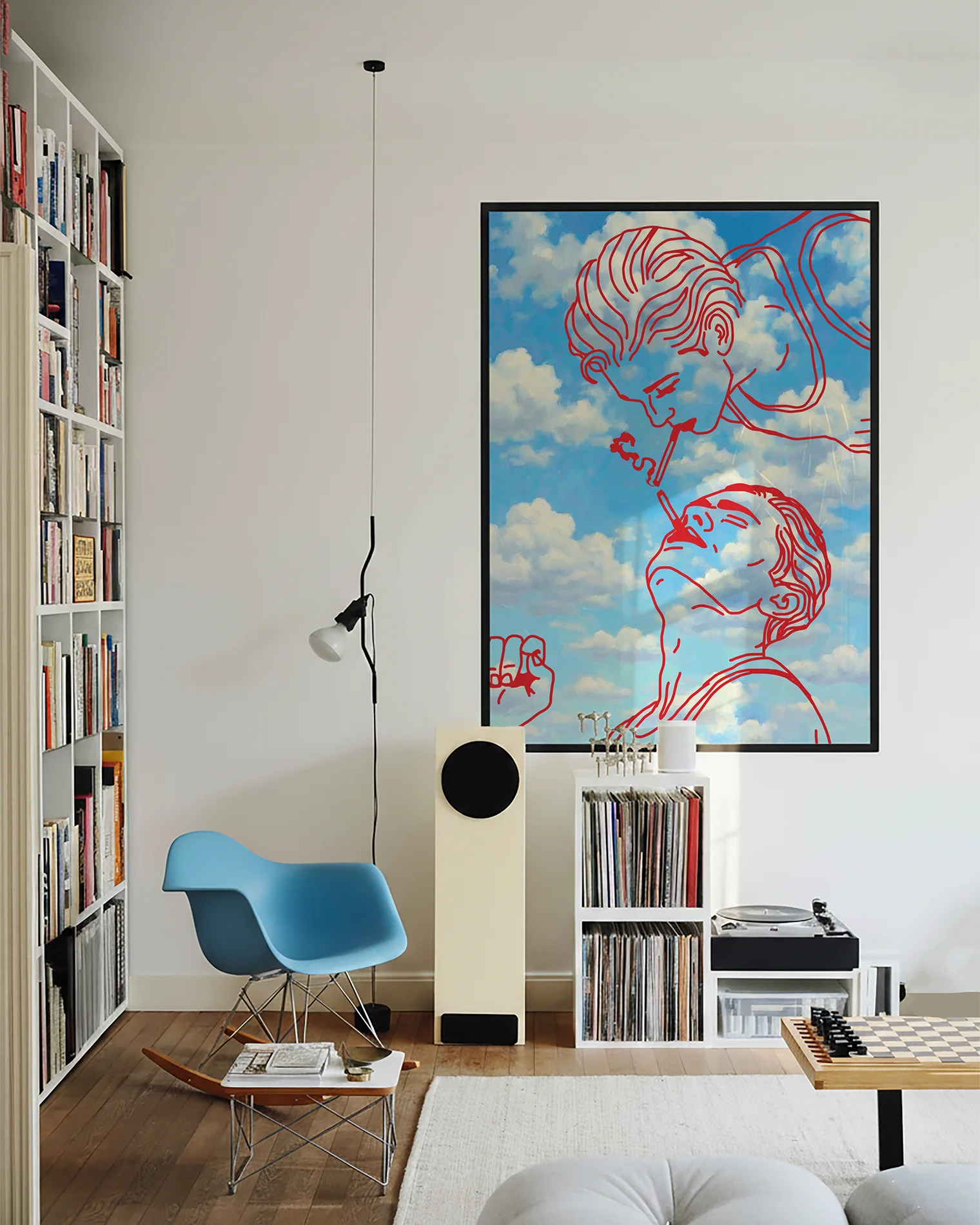 A framed poster with two men smoking cigarettes in a red line-art style, against a blue sky.