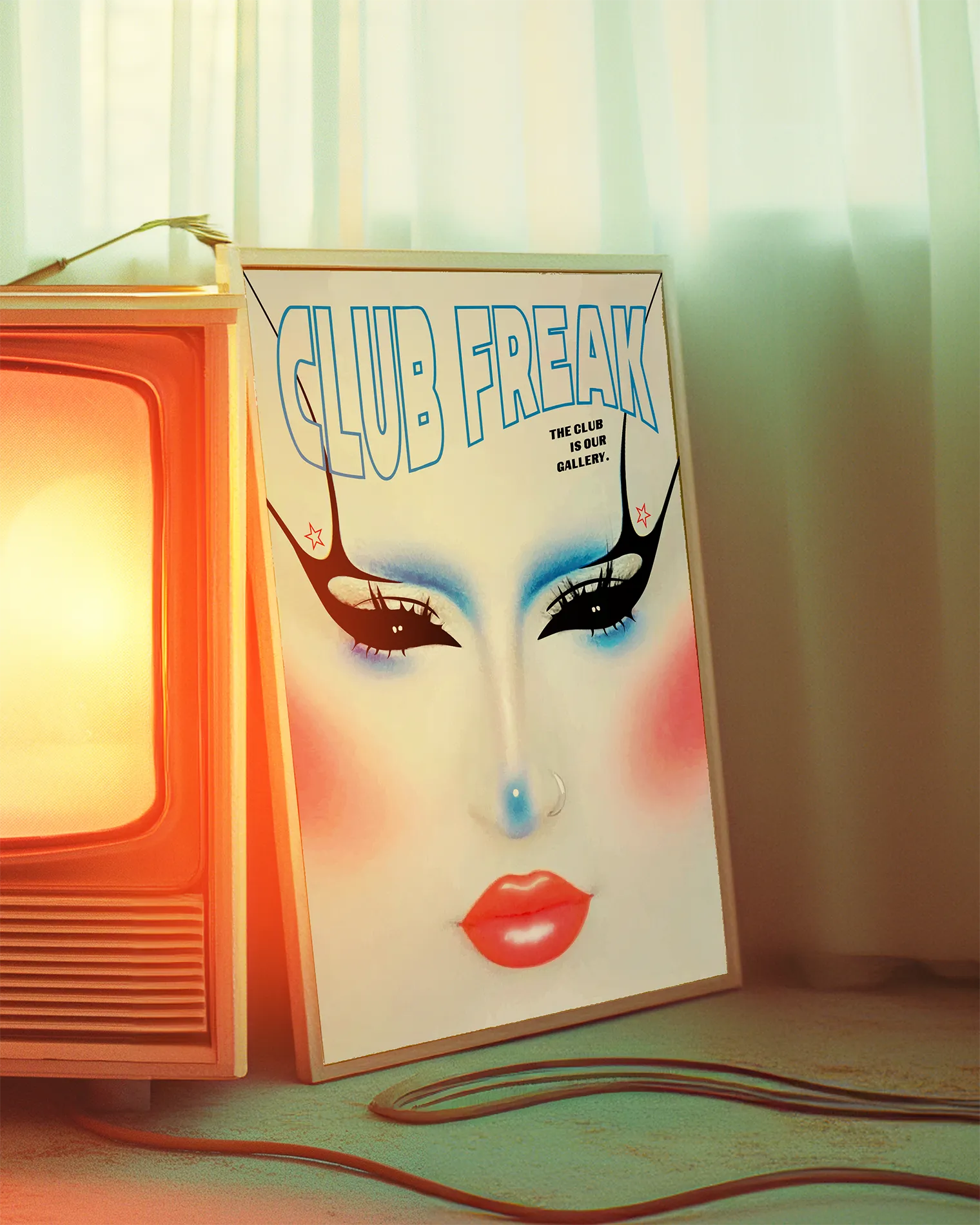 A poster with a graphic designed face in Club Kids makeup style with the text 'CLUB FREAKS'.
