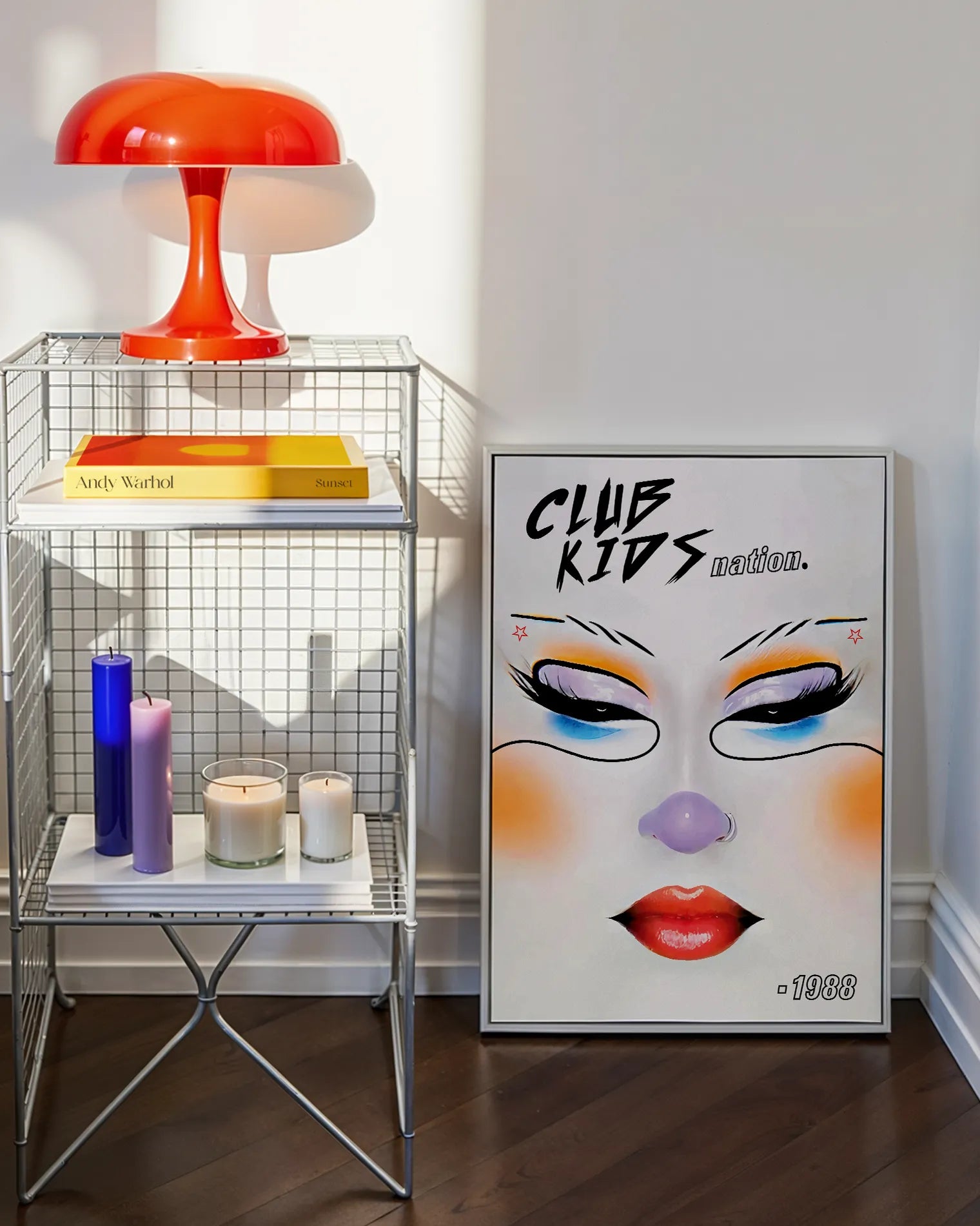 A poster with an illustrated, graphic face of a club kid, with the text 'Club Kids Nation.'