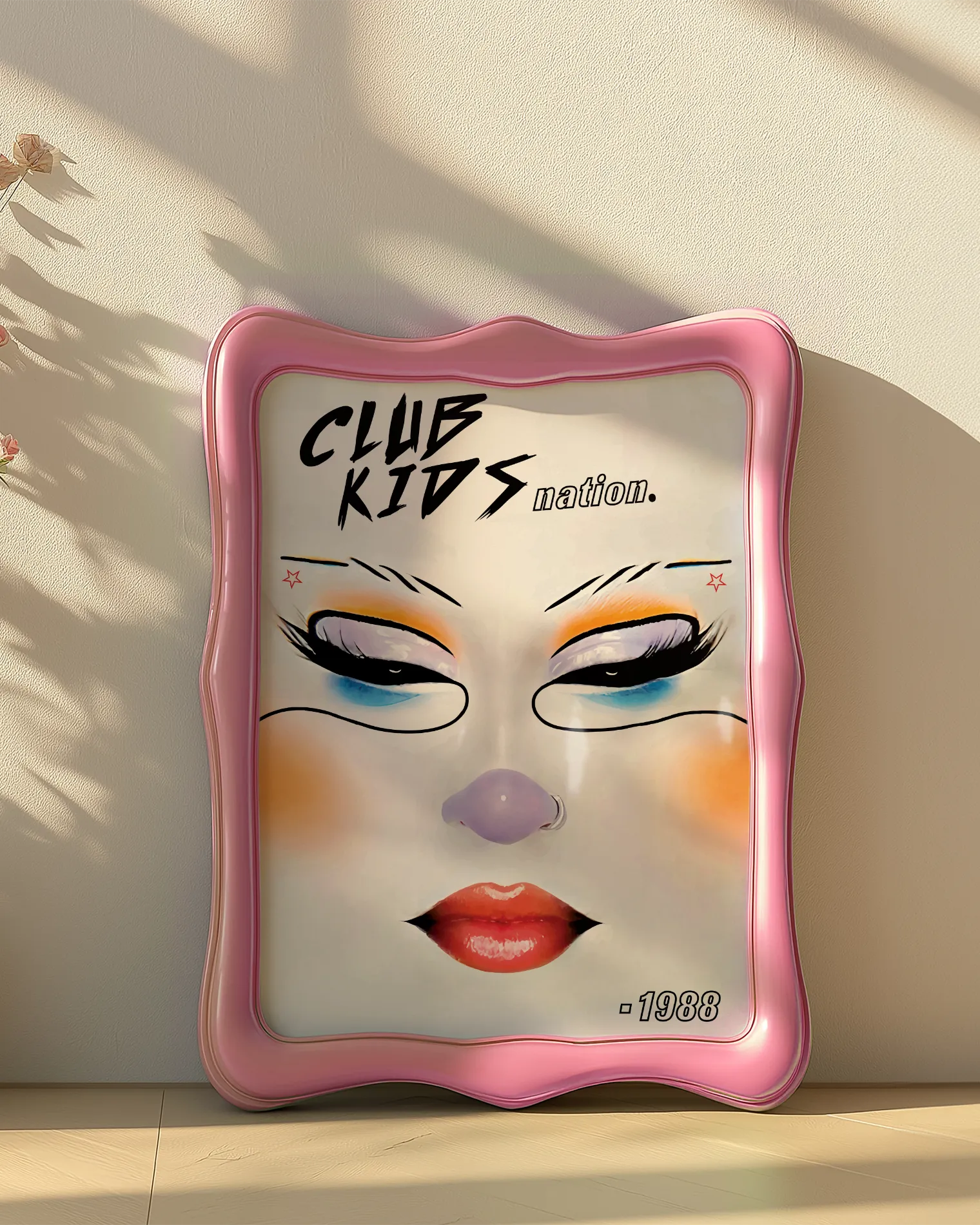 A poster with an illustrated, graphic face of a club kid, with the text 'Club Kids Nation.'