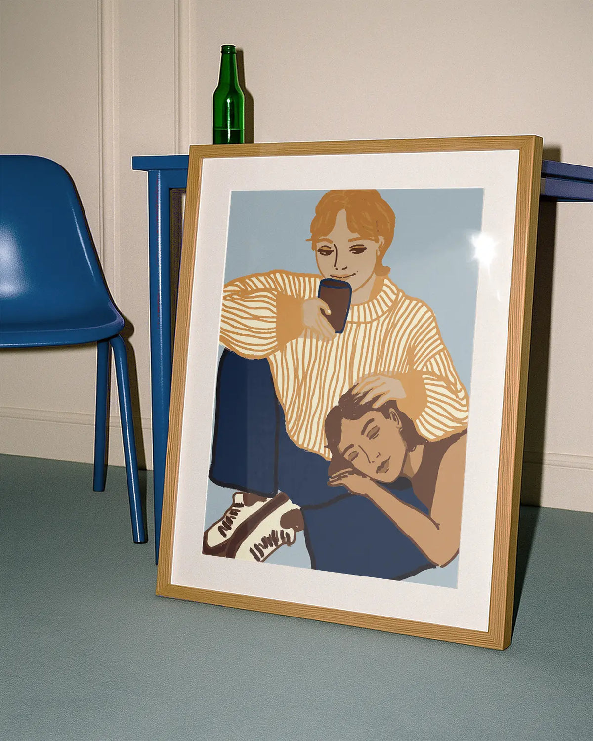 A poster of a lesbian couple cuddling.