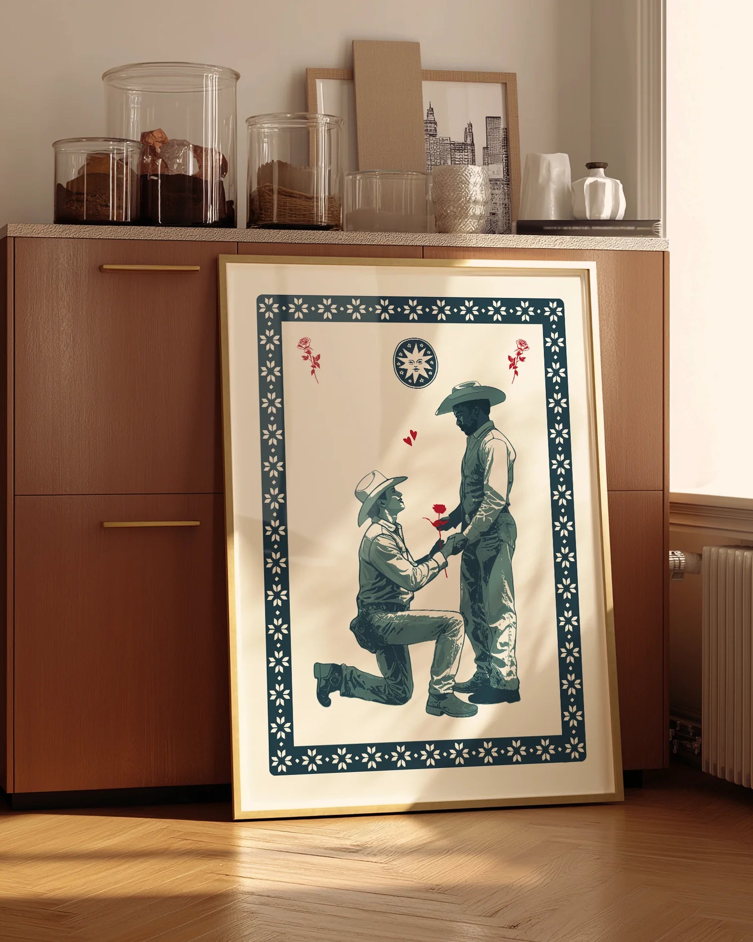 A poster with two cowboys, one cowboy is proposing with a red rose.