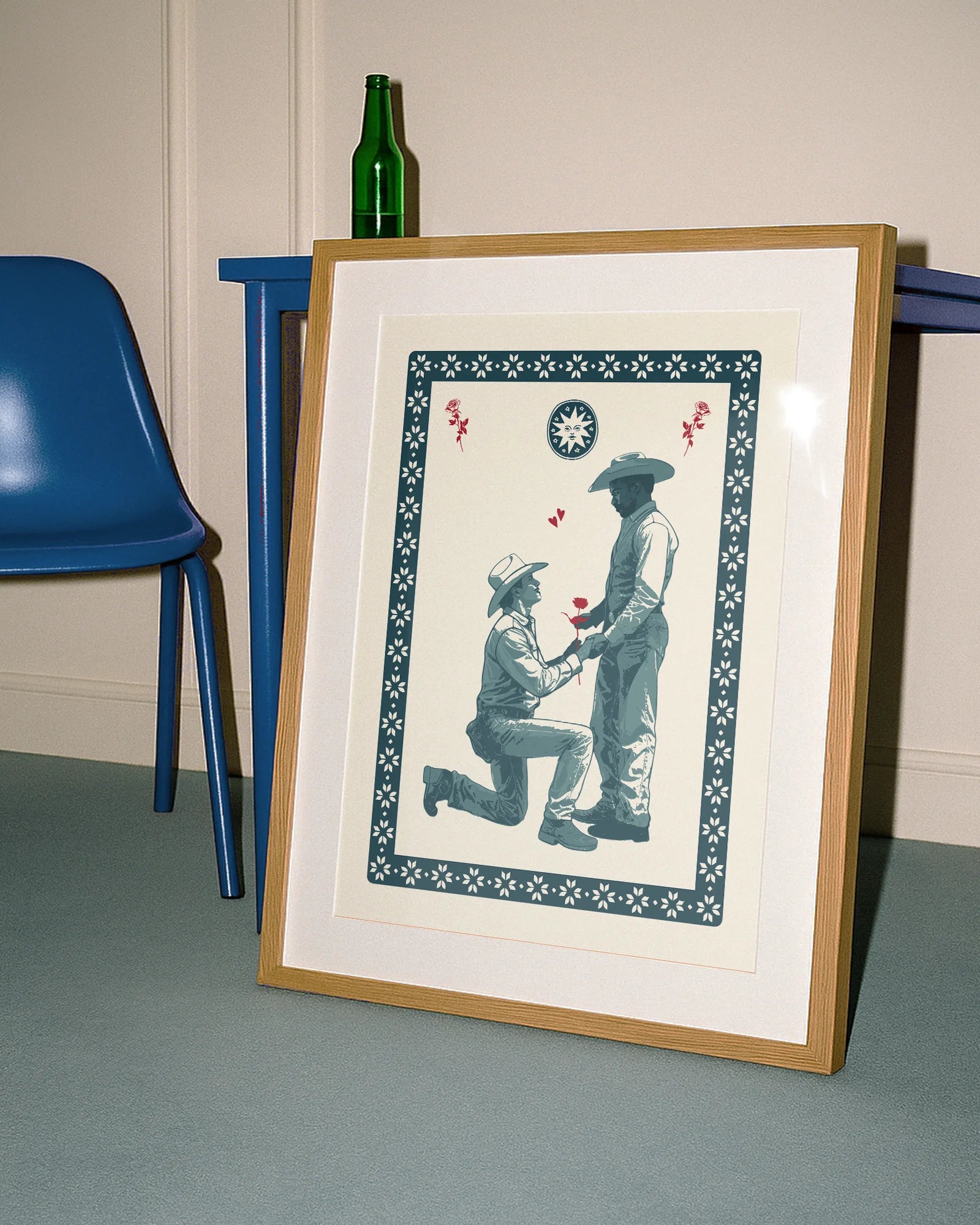 A poster with two cowboys, one cowboy is proposing with a red rose.