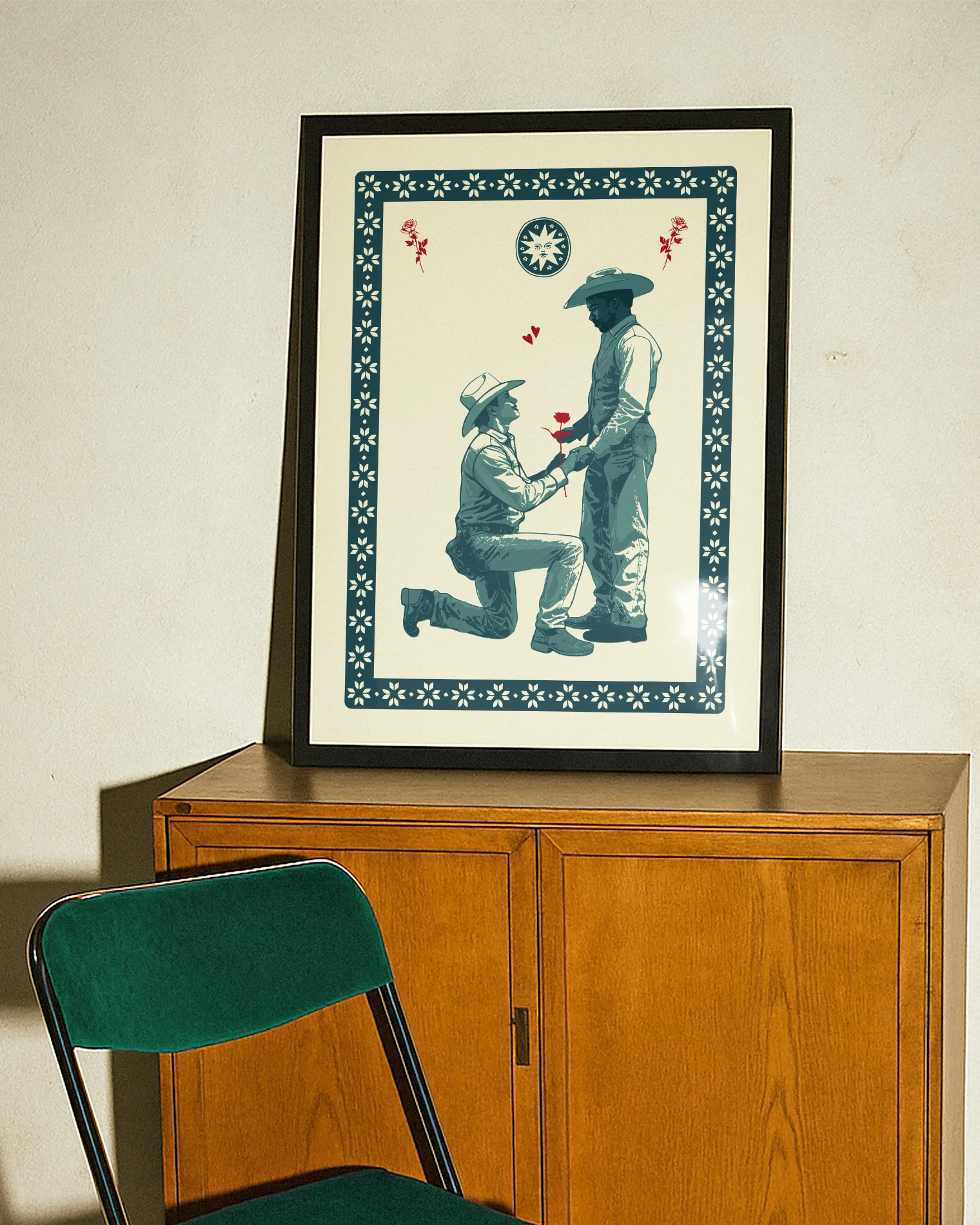 A poster with two cowboys, one cowboy is proposing with a red rose.