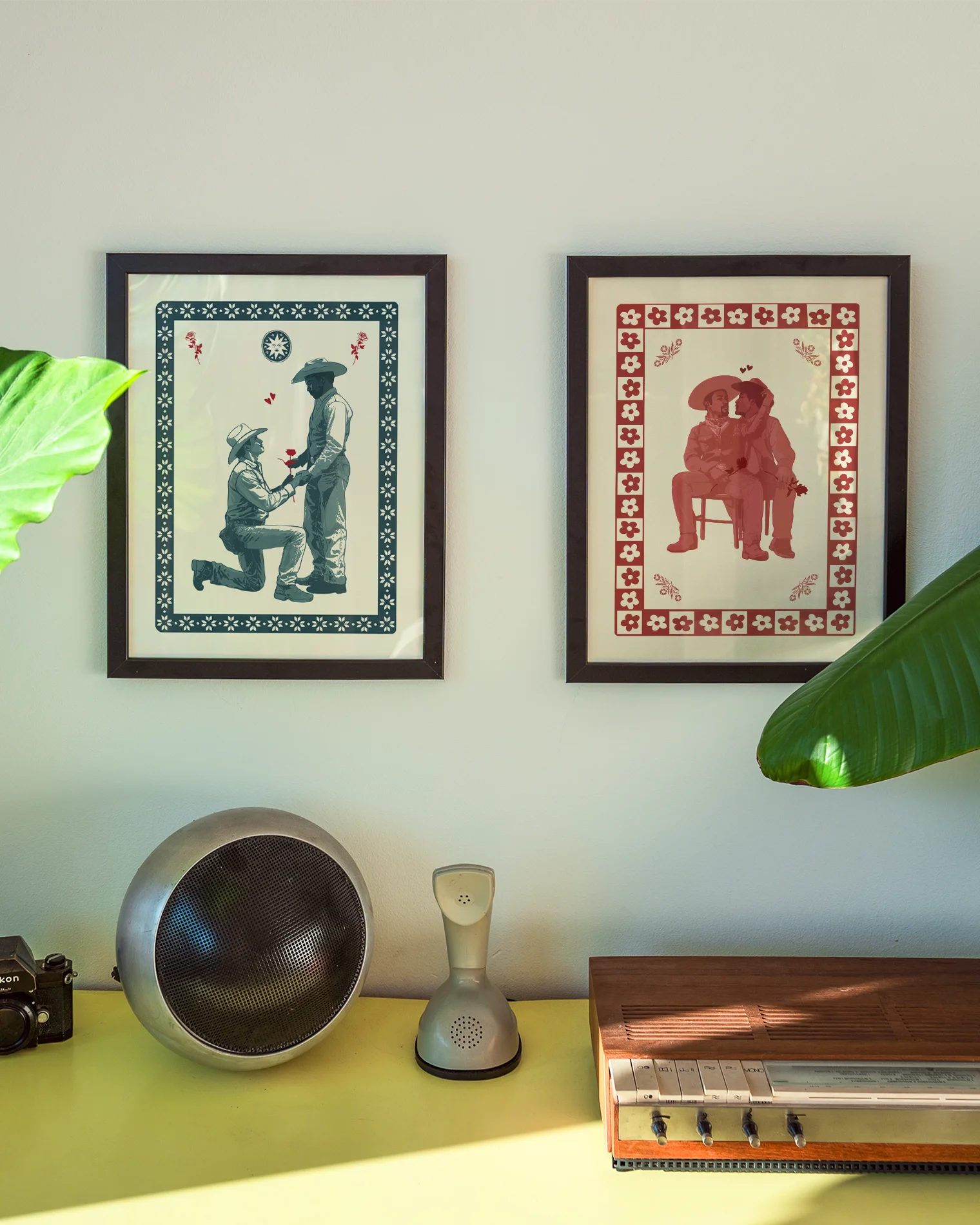 A poster with two cowboys, one cowboy is proposing with a red rose.