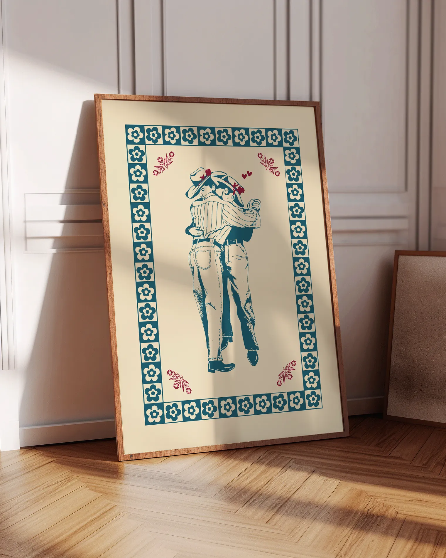 A print with two, slow. dancing gay cowboys.