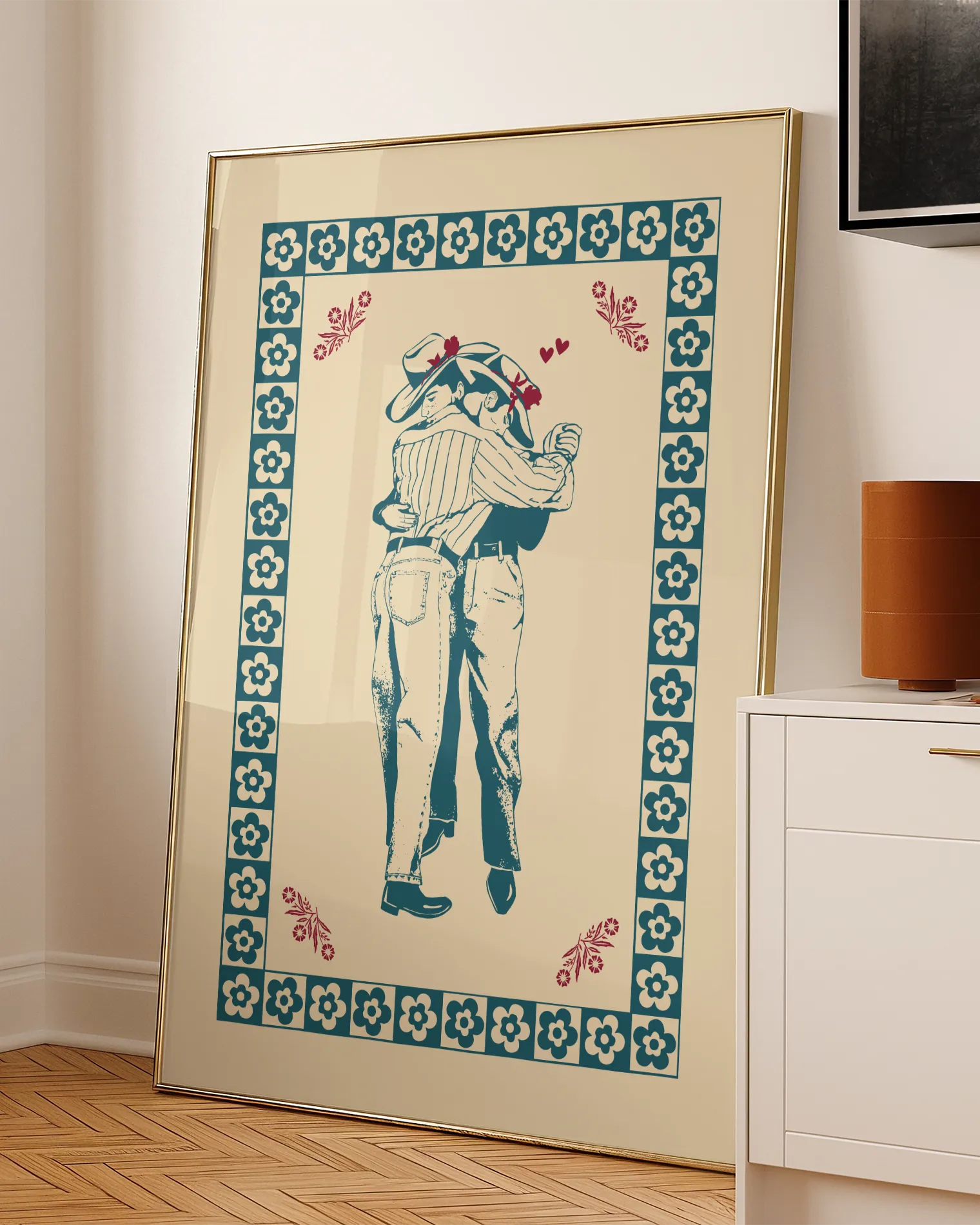 A print with two, slow. dancing gay cowboys.