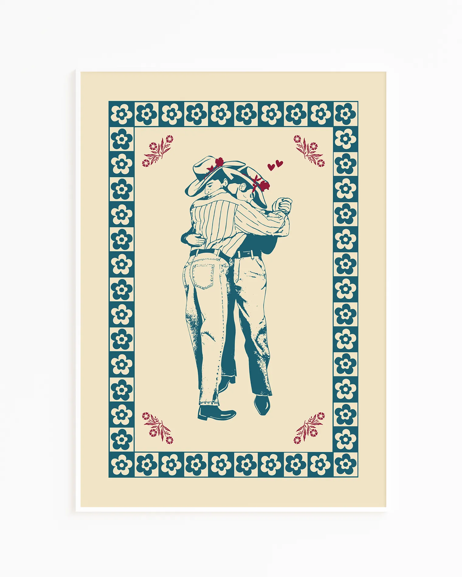 A print with two, slow. dancing gay cowboys.