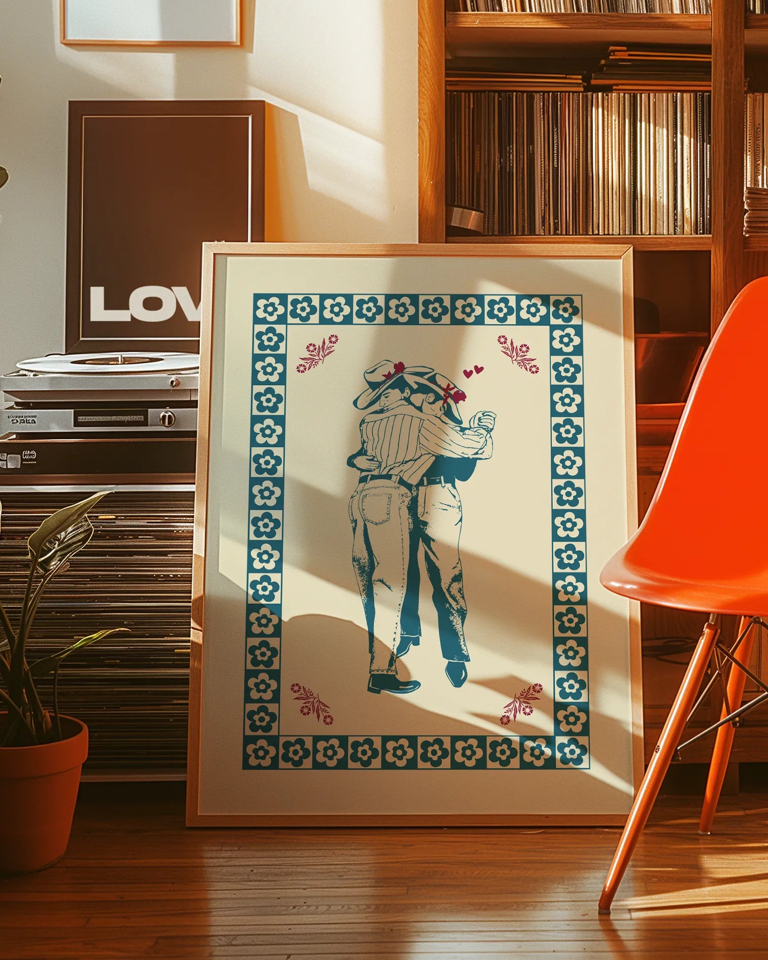 A print with two, slow. dancing gay cowboys.