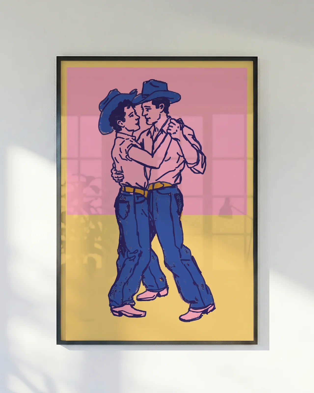 A poster with two dancing gay cowboys.