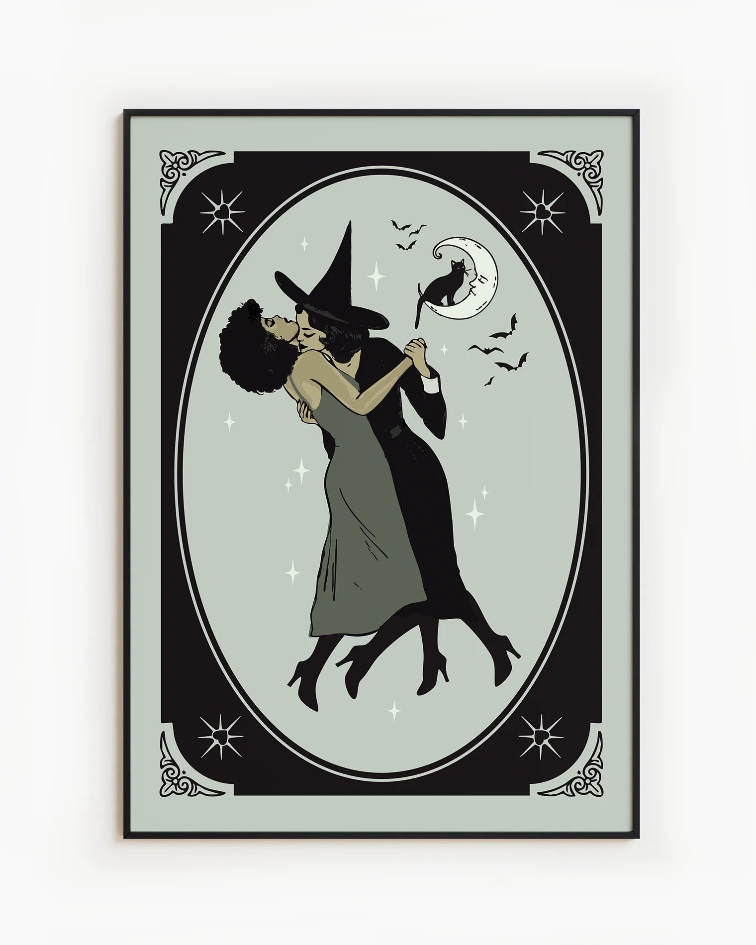 A poster with a lesbian witch couple kissing.