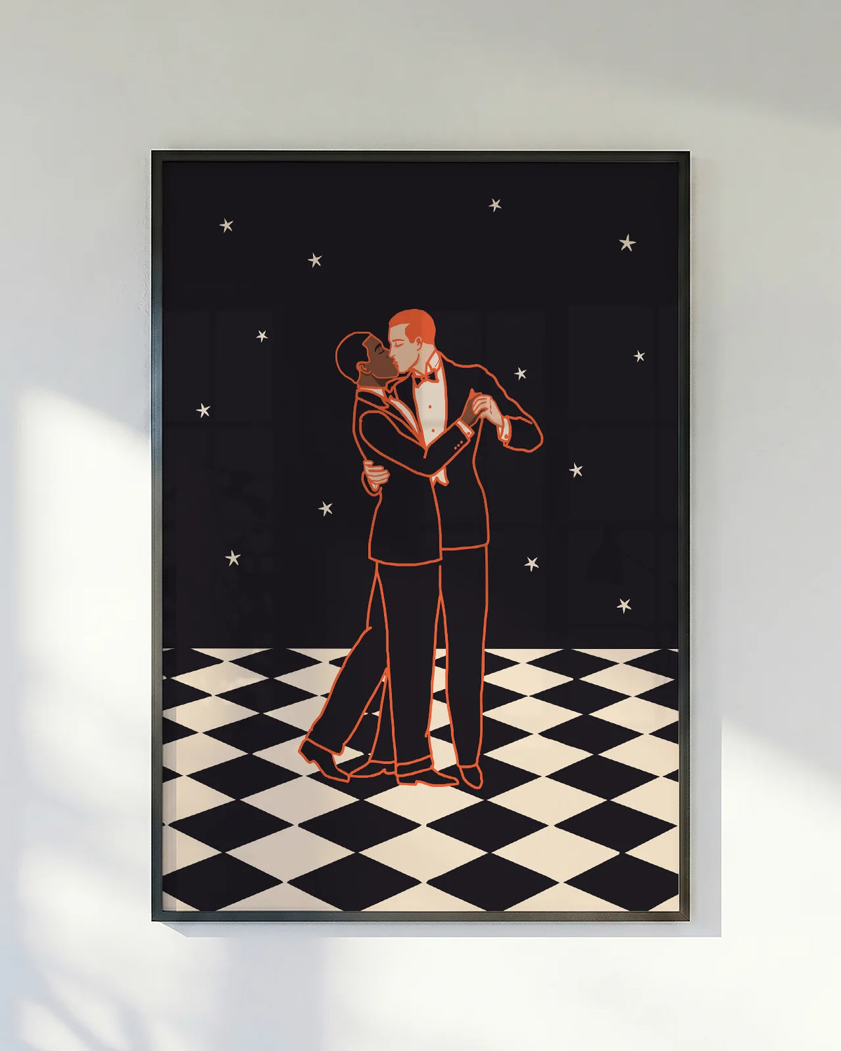 A poster of two men in dancing and kissing, 1930's style.