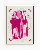 A poster with a female vampire stepping out from her coffin, while a female devil stands waiting behind, with a rose in hand. A romantic, mysterious, and intimate atmosphere.