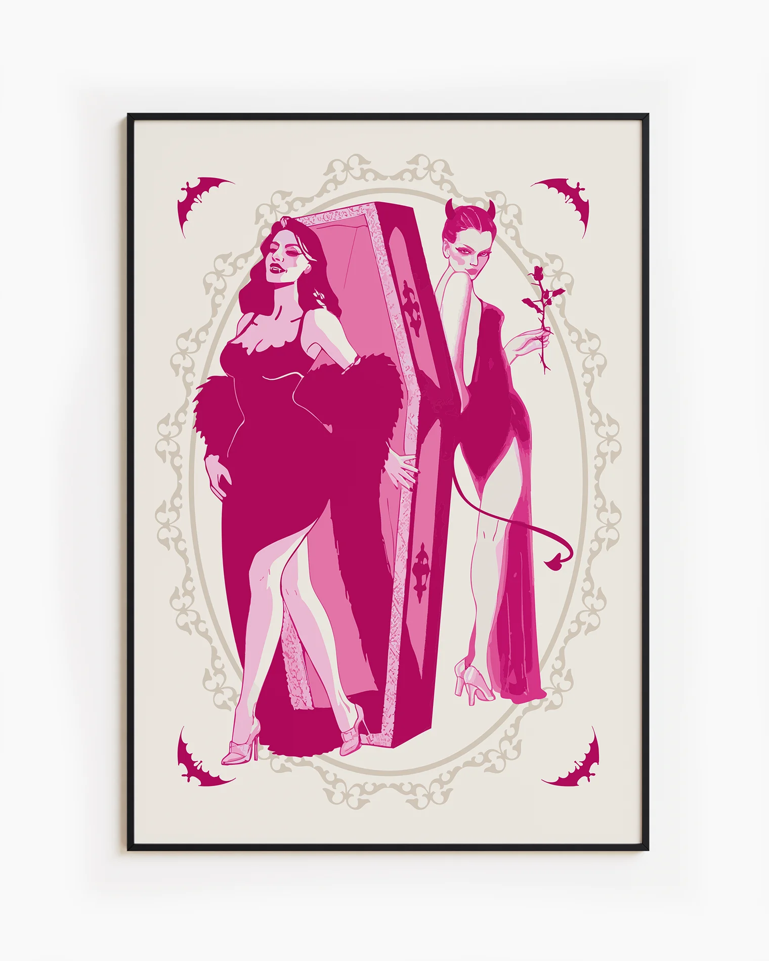 A poster with a female vampire stepping out from her coffin, while a female devil stands waiting behind, with a rose in hand. A romantic, mysterious, and intimate atmosphere.