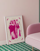 A poster with a female vampire stepping out from her coffin, while a female devil stands waiting behind, with a rose in hand. A romantic, mysterious, and intimate atmosphere.