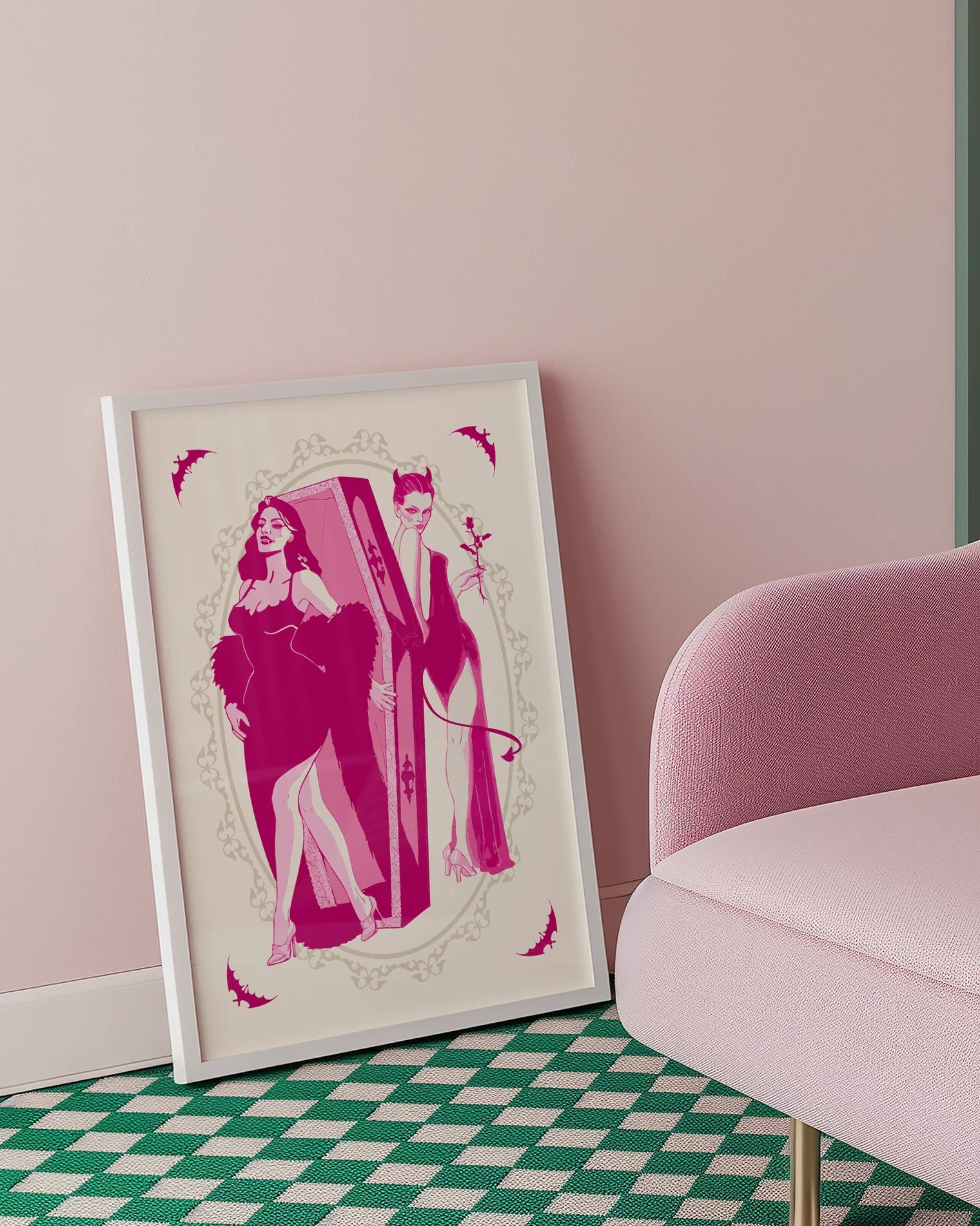 A poster with a female vampire stepping out from her coffin, while a female devil stands waiting behind, with a rose in hand. A romantic, mysterious, and intimate atmosphere.