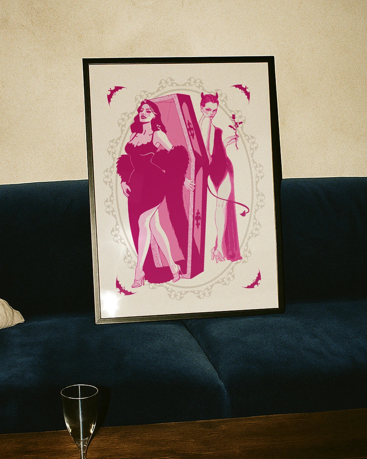 A poster with a female vampire stepping out from her coffin, while a female devil stands waiting behind, with a rose in hand. A romantic, mysterious, and intimate atmosphere.