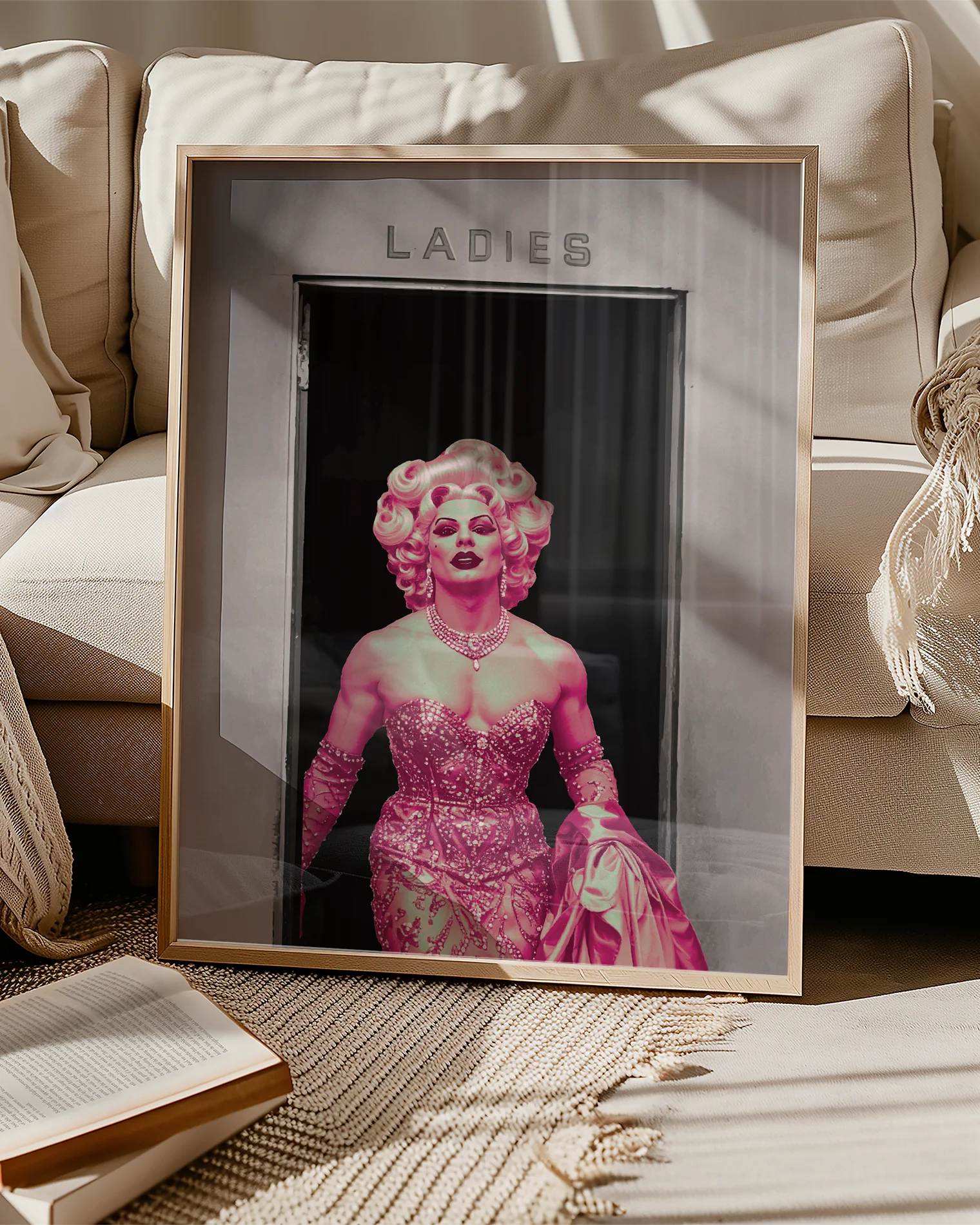 A poster with a muscular drag queen in a sparkling dress, full makeup, and wig, confidently strutting out of the ladies’ room.