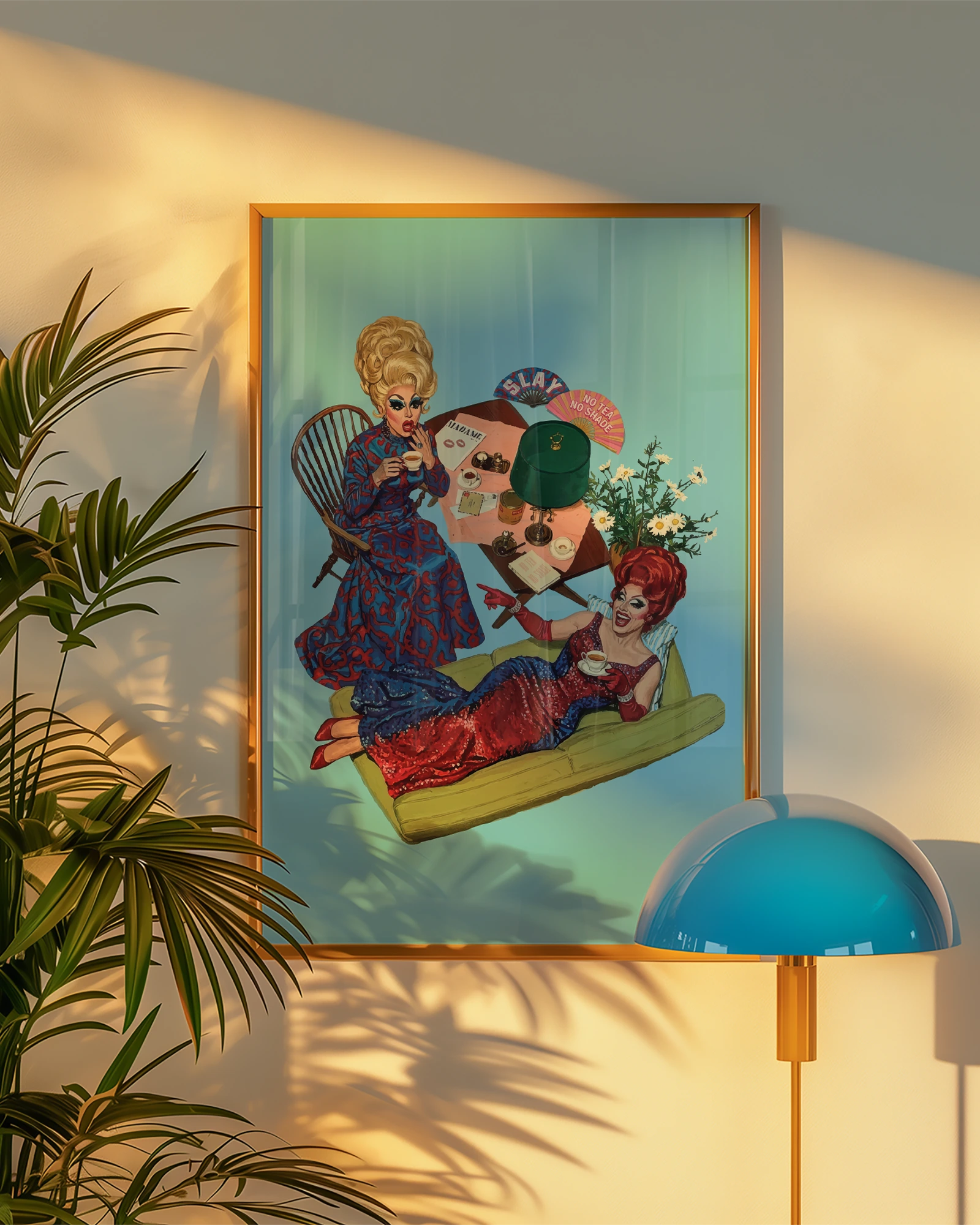 A framed print with two dragqueens spilling some tea, gossiping and laughing.